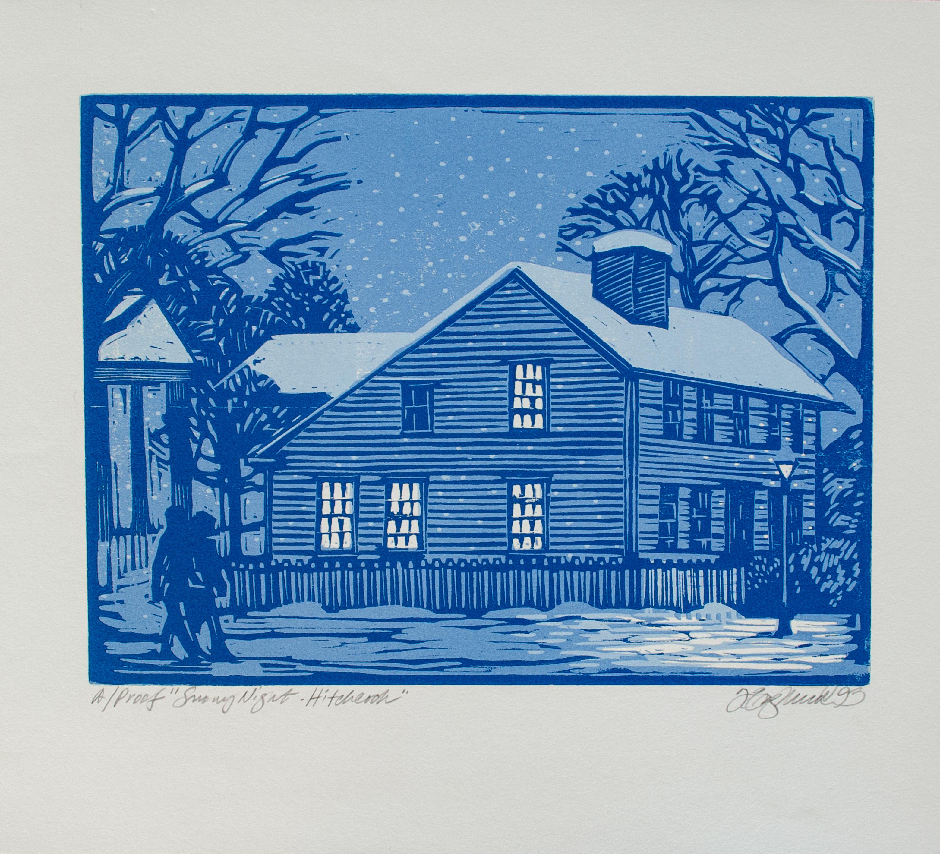 Tim Engelland (American, 1950-2012)
Snowy Night - Hitchcock, 1993
Woodcut 
8 1/2 x 9 in.
Titled, numbered, signed, and dated bottom: A/Proof, "Snowy Night - Hitchcock", T. Engelland, '93

A lifelong artist, Engelland specialized in oil portraits and