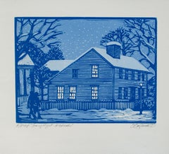 Quaint Snowy Cabin Woodcut di Tim Engelland