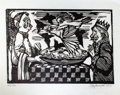 Retro  Tim Engelland Woodcut of Crows and Pie