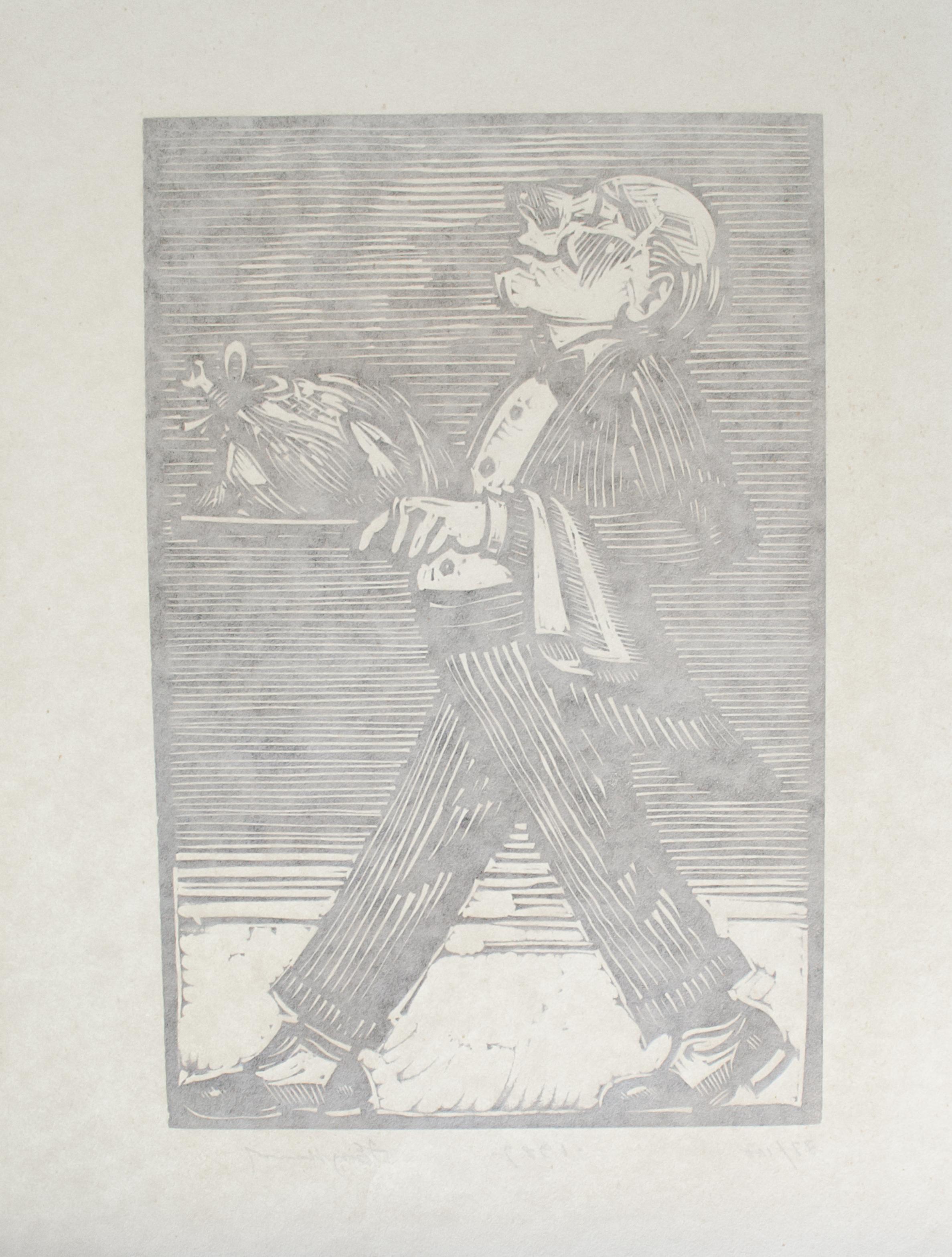 Waiter Woodcut by Tim Engelland, Deerfield Academy For Sale 1