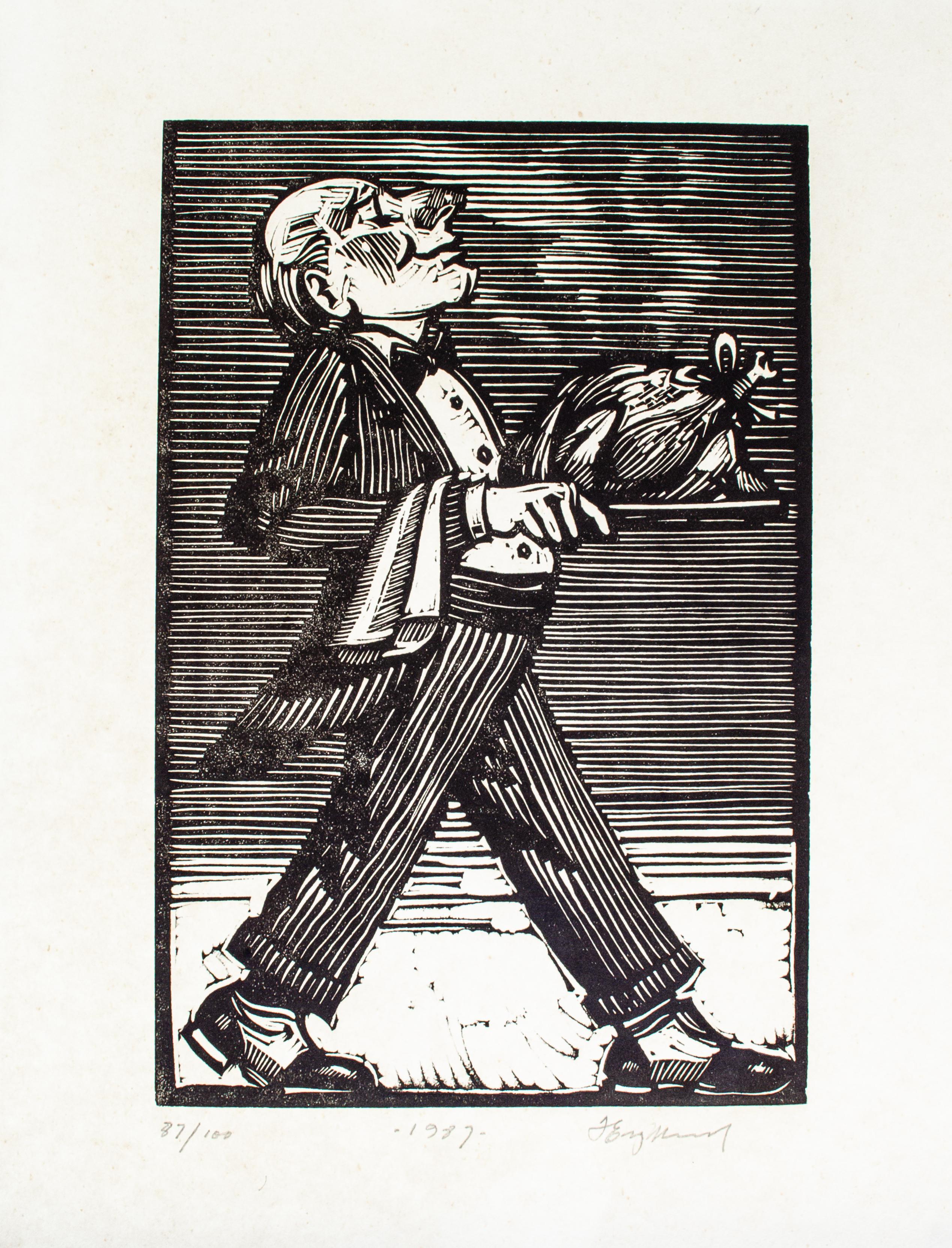 Tim Engelland (American, 1950-2012)
Untitled (Waiter), 1987
Woodcut 
11 x 8 1/2 in.
Numbered, dated, and signed bottom: 87/100, 1987, T. Engelland

A lifelong artist, Engelland specialized in oil portraits and landscapes, and also worked extensively