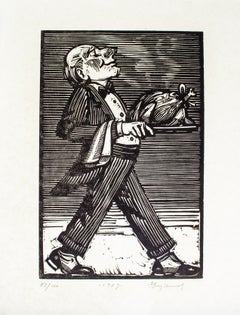 Retro Waiter Woodcut by Tim Engelland, Deerfield Academy