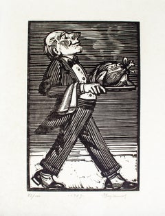 Waiter Woodcut by Tim Engelland, Deerfield Academy