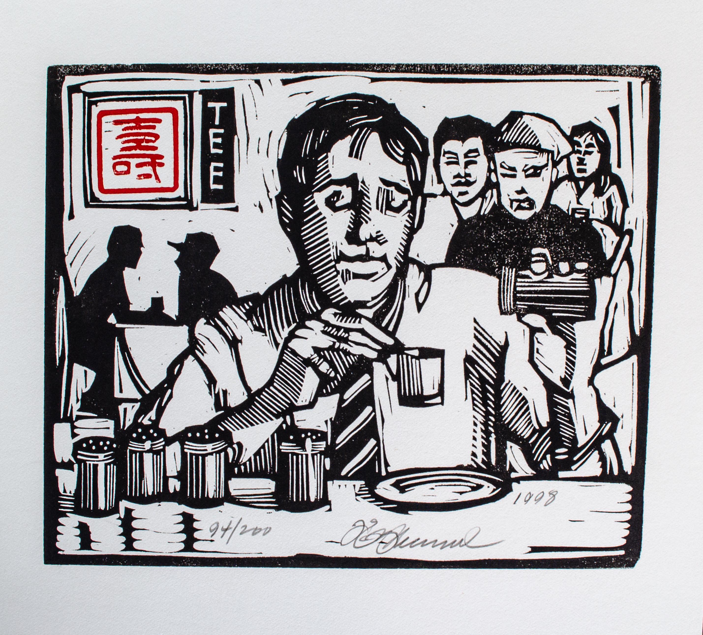 Whimsical Tim Engelland Cafe Woodcut