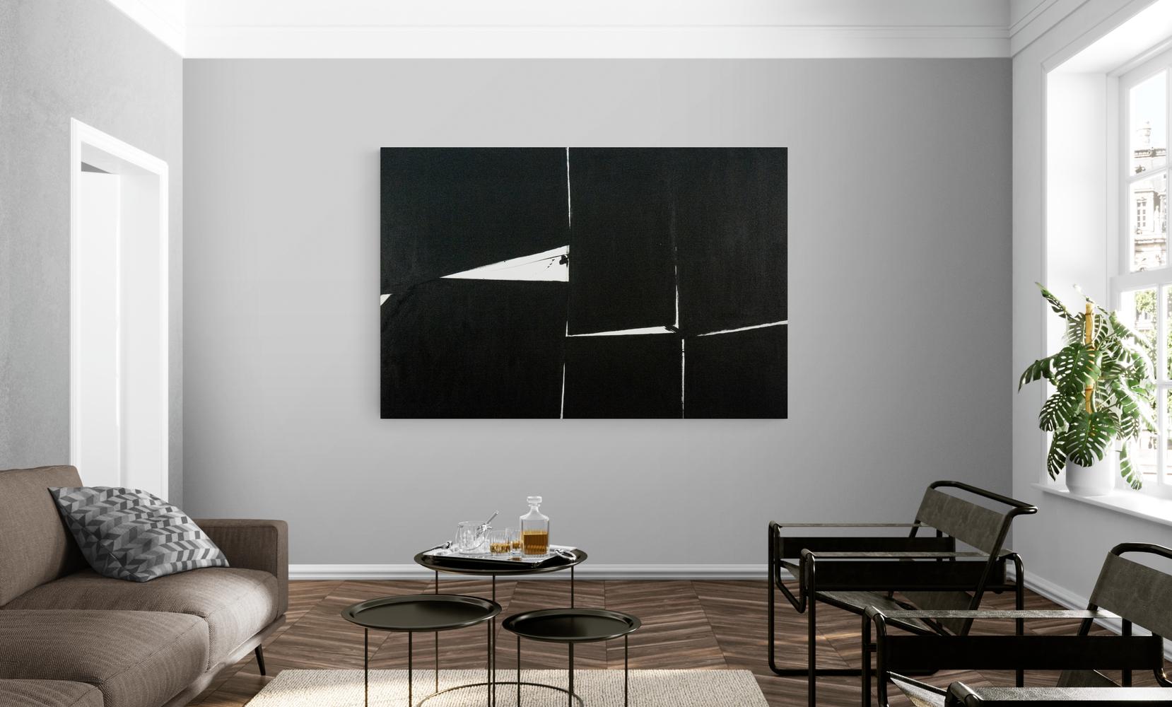 In this bold minimalist painting by Tim Forbes, slim wedges of white punctuate the carbon black. The progression of contrasting white draws the viewer’s eye across the canvas altering the perspective. Forbes uses tonal contrast—black and white to