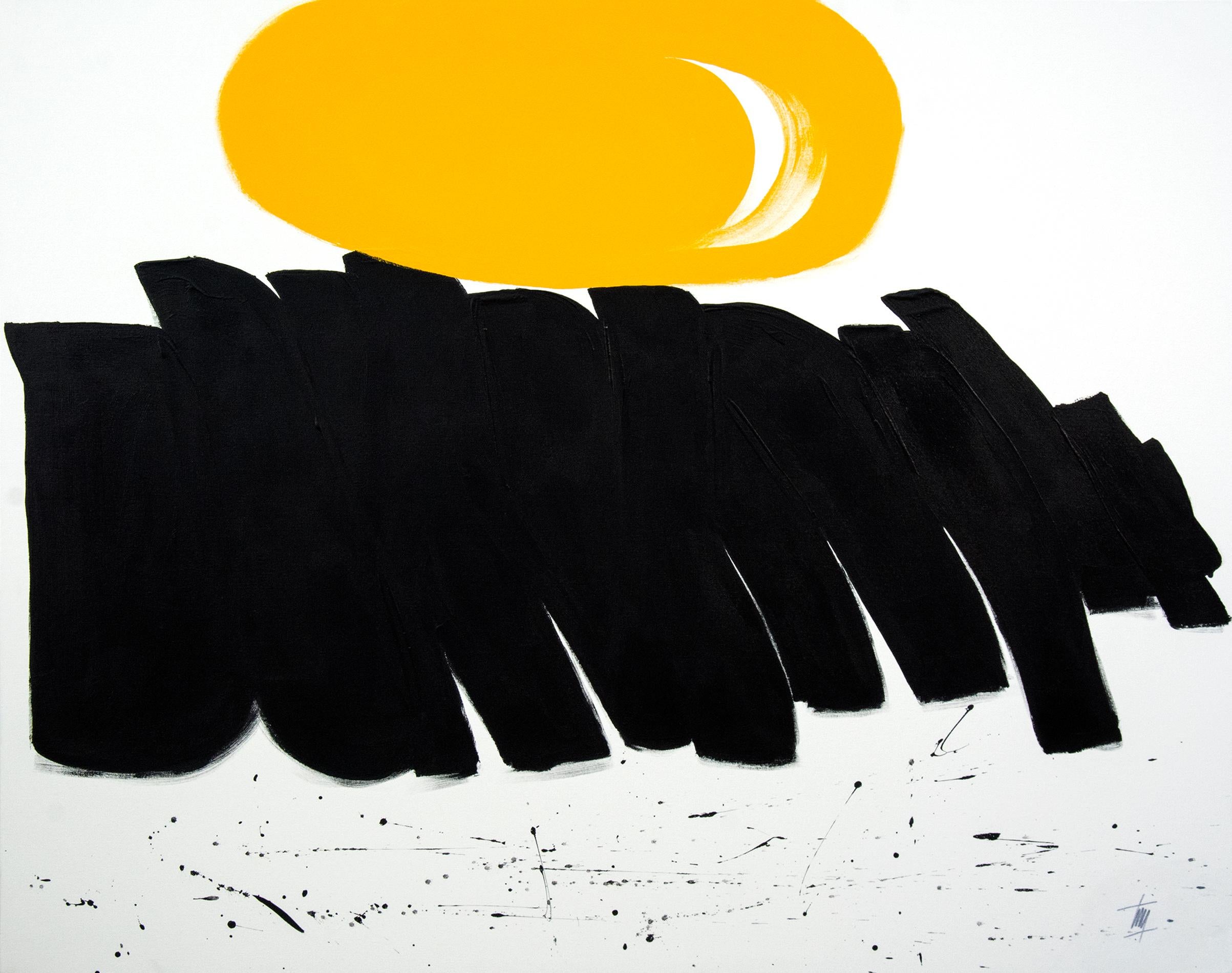 Procession - bold, black, white, yellow, abstract minimalist, acrylic on canvas