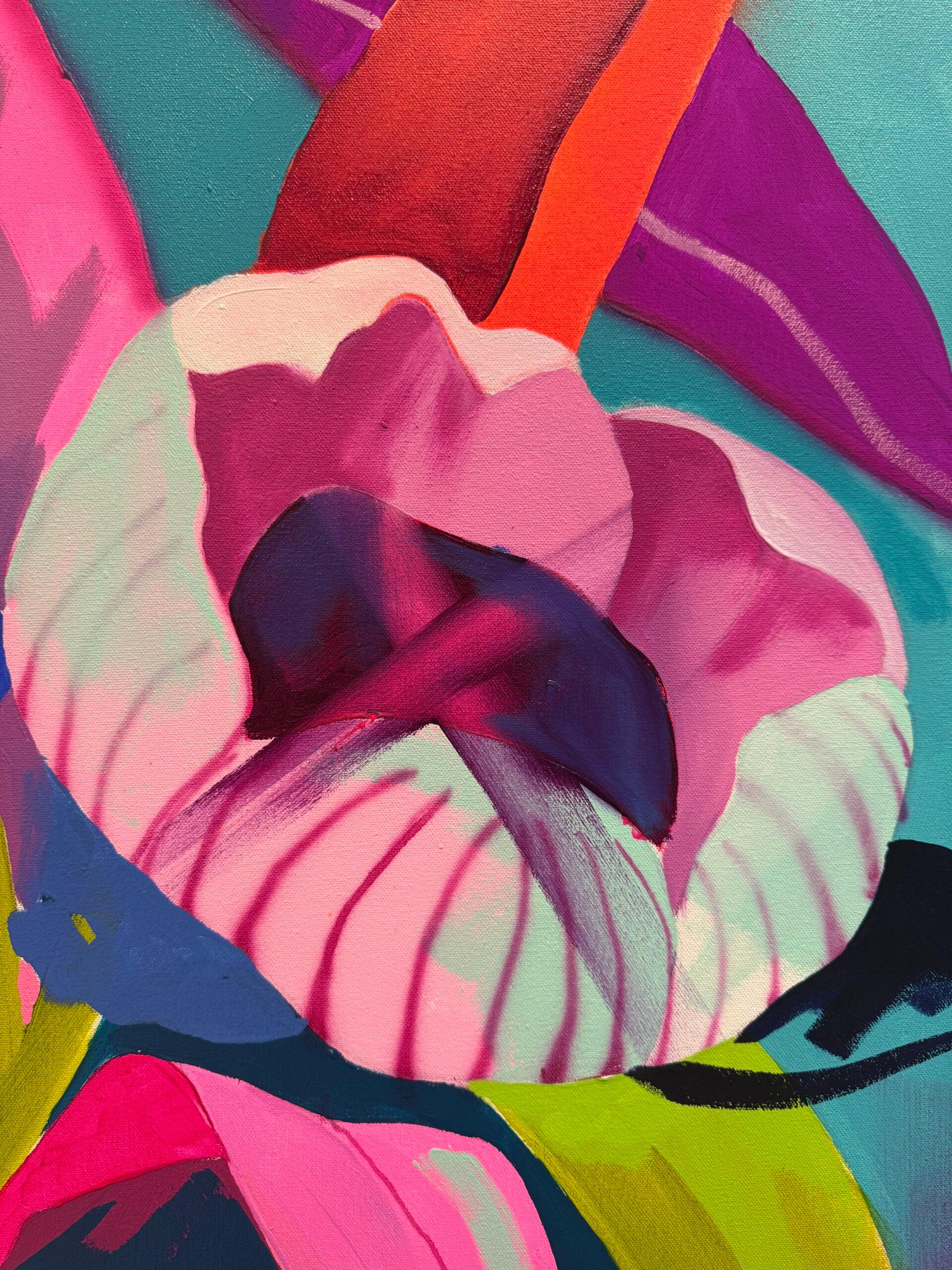 Fowler’s “Green Tea” is a vivid, electrified reimagining of botanical illustration, where the organic world is transformed into a pulsating explosion of color, abstraction, and surreal energy. Inspired by the namesake tea plant, Fowler’s work