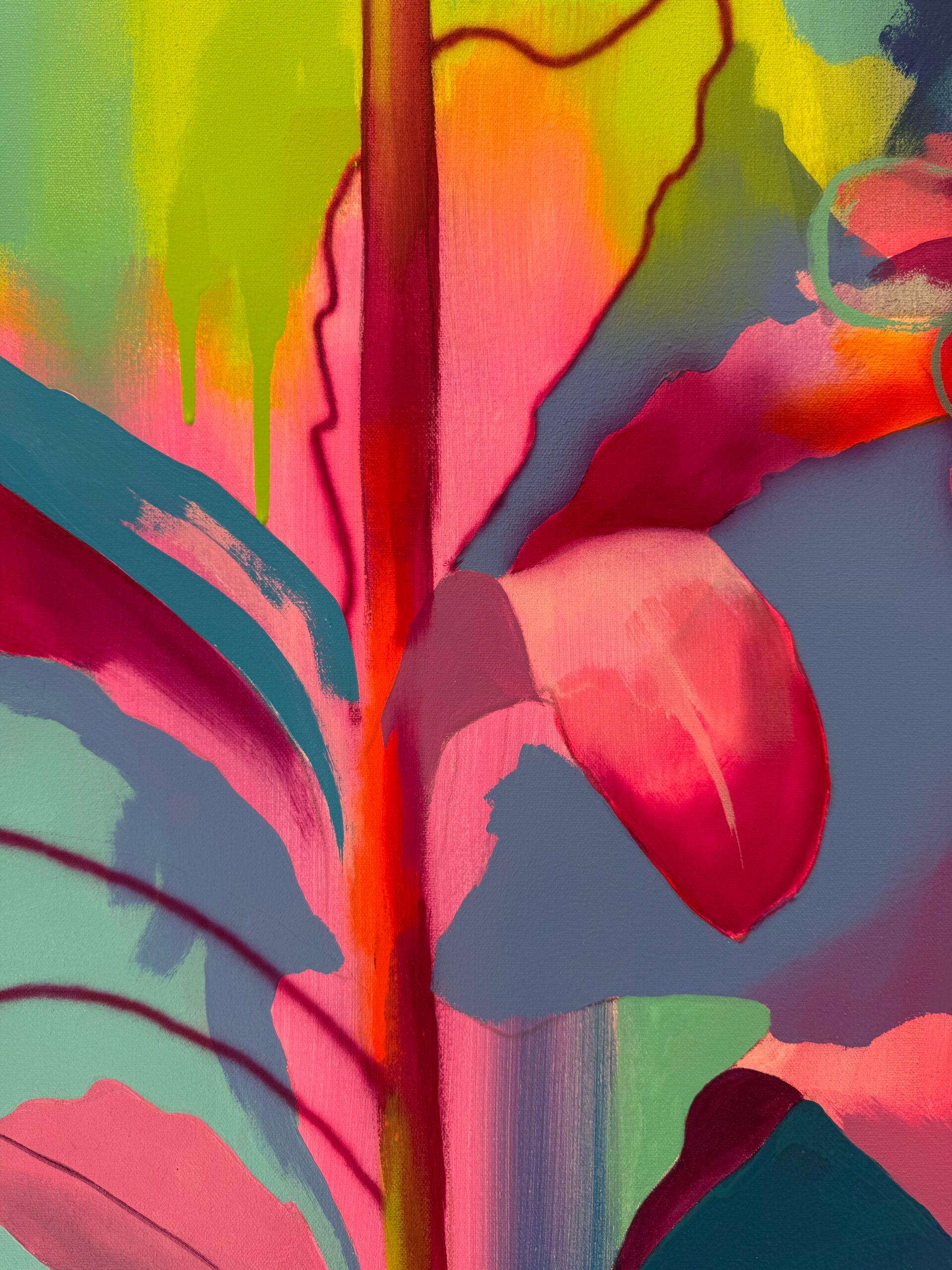 Fowler’s “Prince’s Pine” is a kaleidoscopic reinvention of botanical art, where the boundaries between science, abstraction, and street-art aesthetics dissolve into a hypnotic, hyper-saturated dreamscape. The central floral form—an explosion of