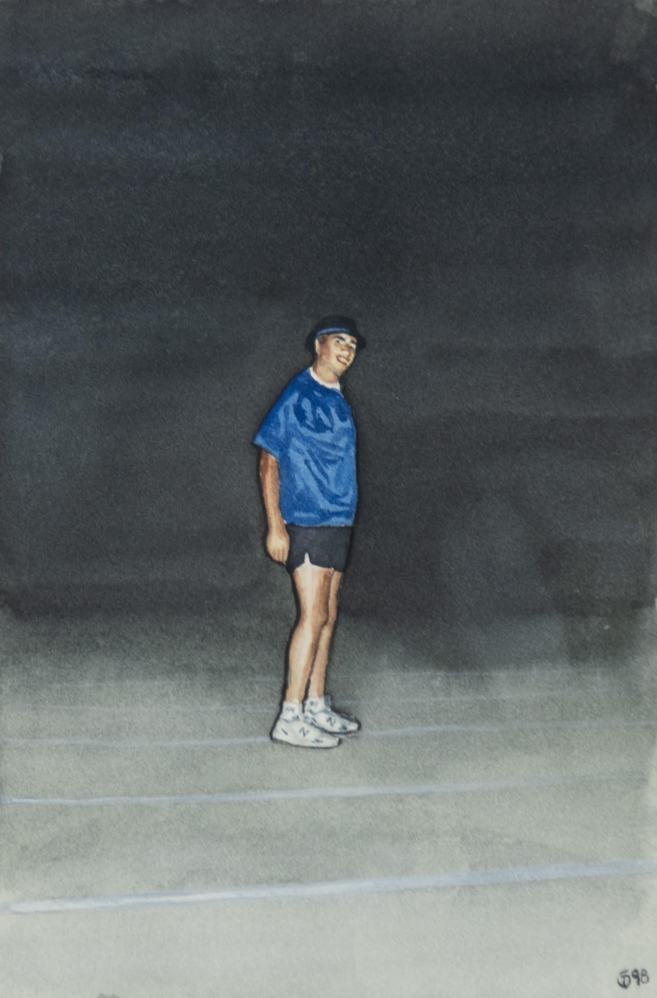 A color painting of a man standing in workout shorts and a blue tee shirt by Tim Gardner. 

Signed, verso 

Toby (Beer Mile)
1998

Watercolor on paper

6 x 4 inches

Tim Gardner was born in Iowa City, Iowa, and grew up in Ontario and Manitoba in