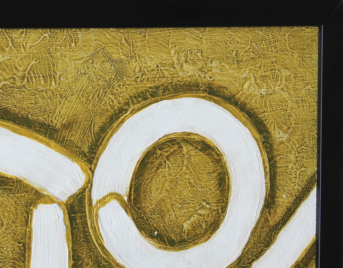 Peinture abstraite géométrique verte et blanche de l'artiste Tim Heathman. L'œuvre présente une composition tourbillonnante de formes arrondies et tubulaires sur un fond vert clair. Signé à l'avant dans le coin inférieur droit par l'artiste.