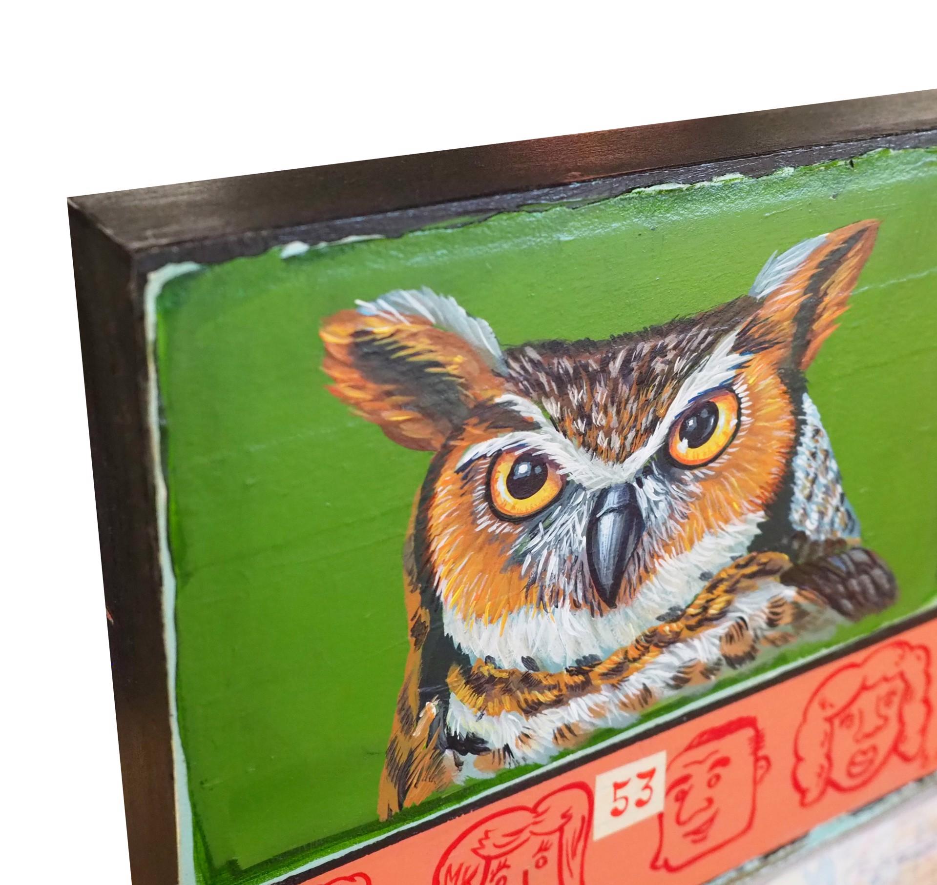 A Familiar Face at The Corner Store portrays an owl, two crows, a blue bird and a red cardinal. Each of the birds have their own squared background. A long red monochromatic rectangles runs horizontal in the composition containing cartoon faces. Tim
