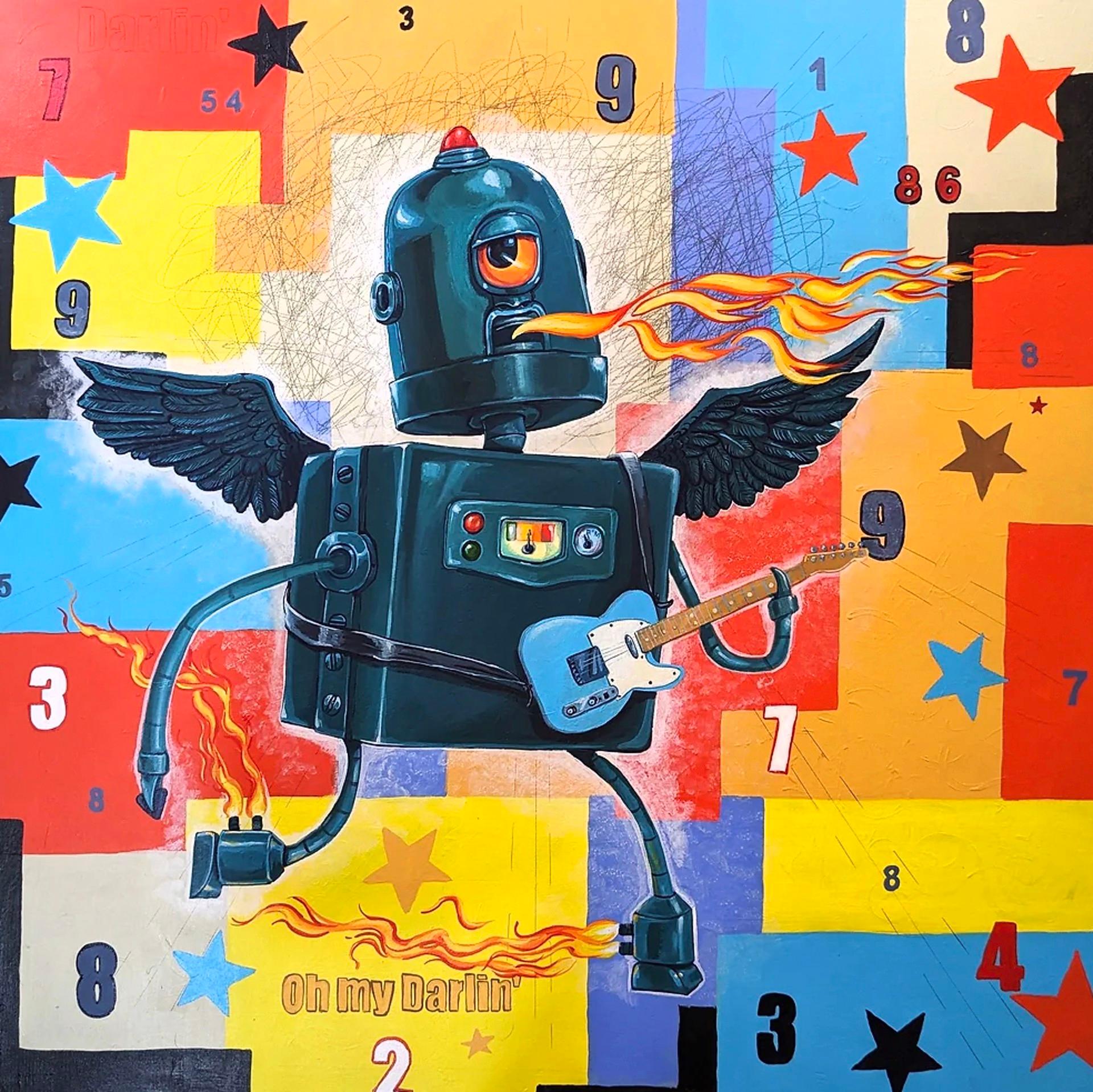 Winged Robot - Painting by Tim Hooper