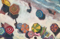 "Independence Day on Turtle Beach No. 1" oil painting with colorful umbrellas