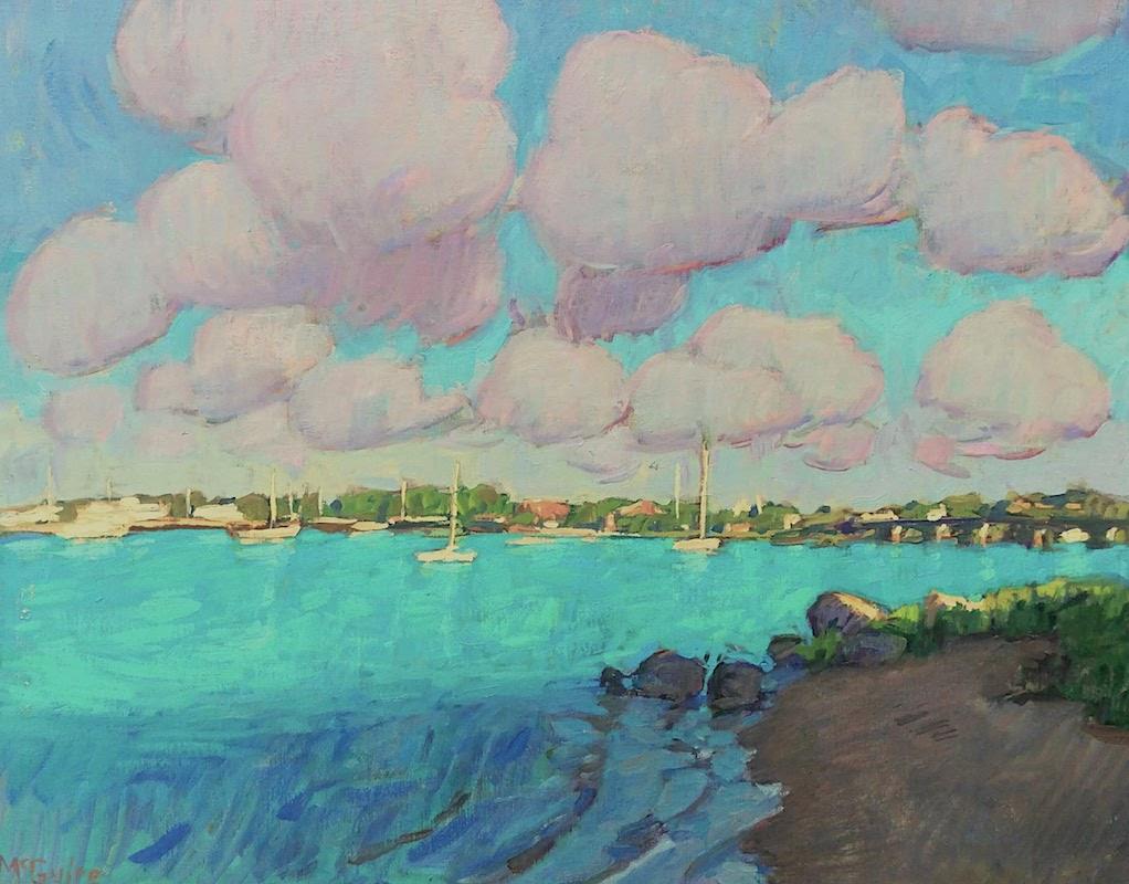 Tim McGuire Landscape Painting - "Cotton Candy Clouds Over Sag Harbor" contemporary impressionist landscape
