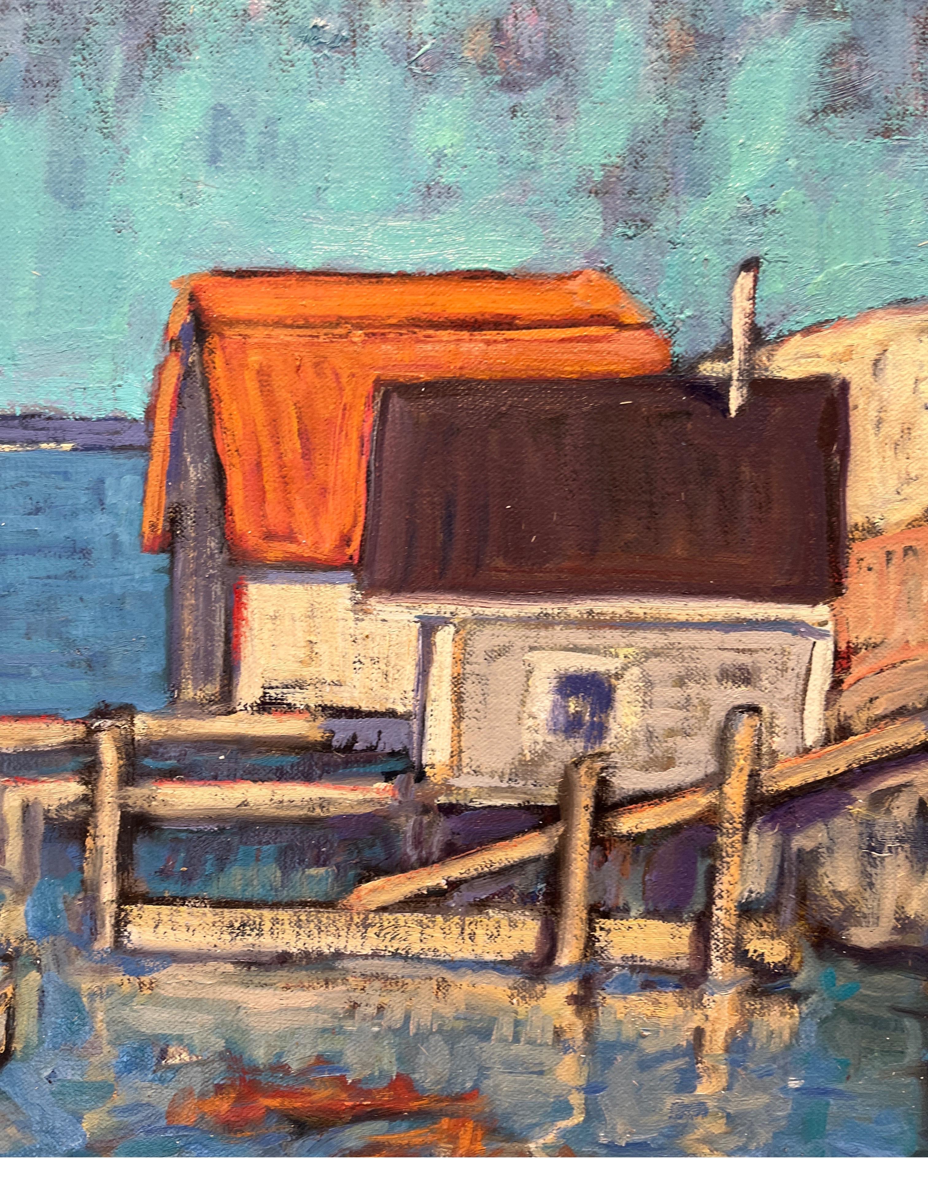 Fishing Village Morning is an original oil painting on linen canvas by established artist Tim McGuire.

To stand before one of Tim McGuire‘s works is to be immersed in a world of colorful energy and vibrant joy. Common objects sing with lively