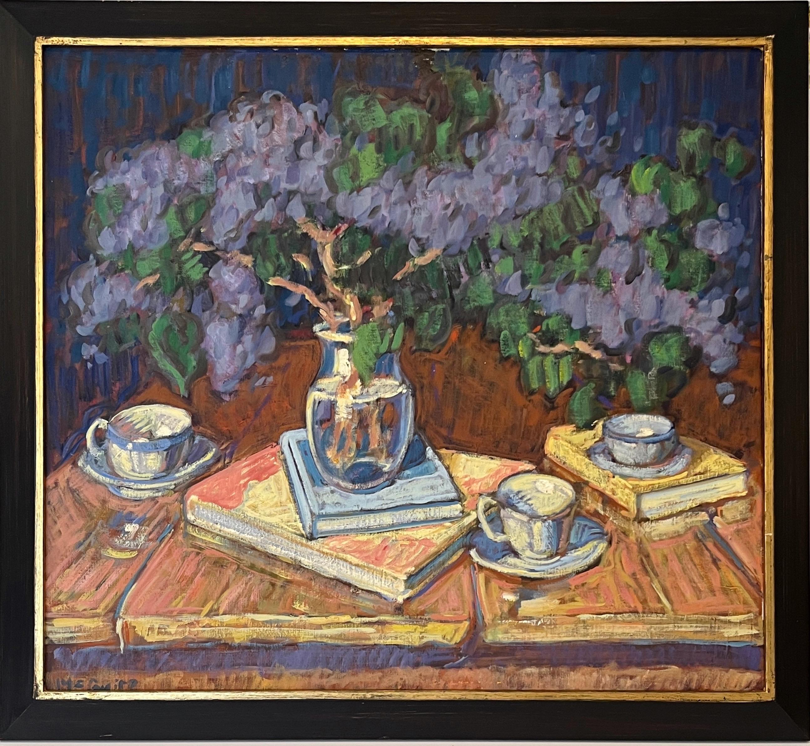 Tim McGuire Still-Life Painting – Flieder und Bücher und Tee