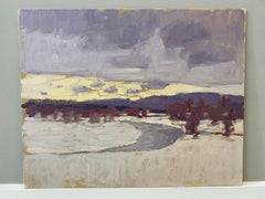 "Neve finta" Pittura a olio di un paesaggio invernale bianco come la neve con montagne viola