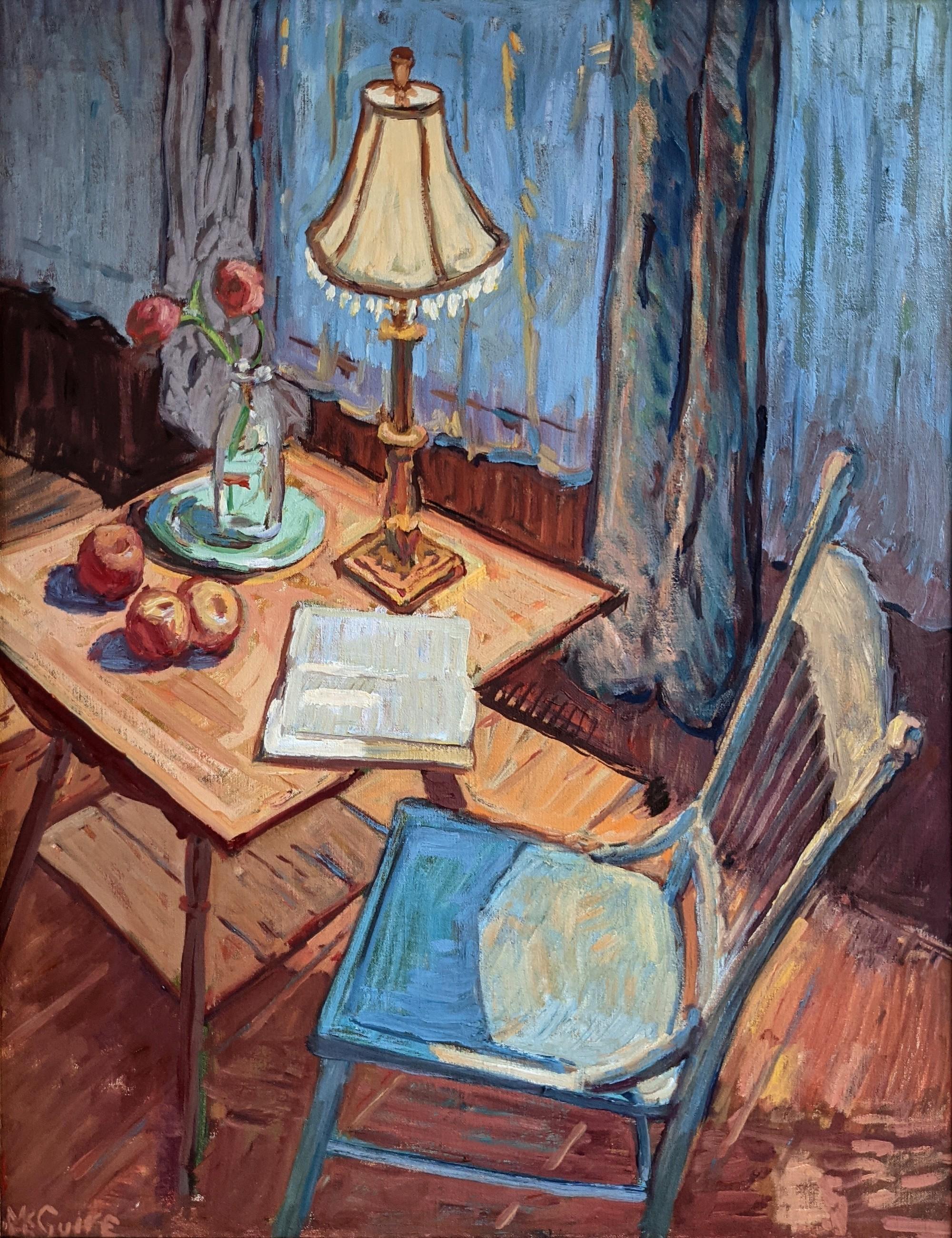Tim McGuire Still-Life Painting - "Reading by Lamplight" - Contemporary still life oil painting, traditional style