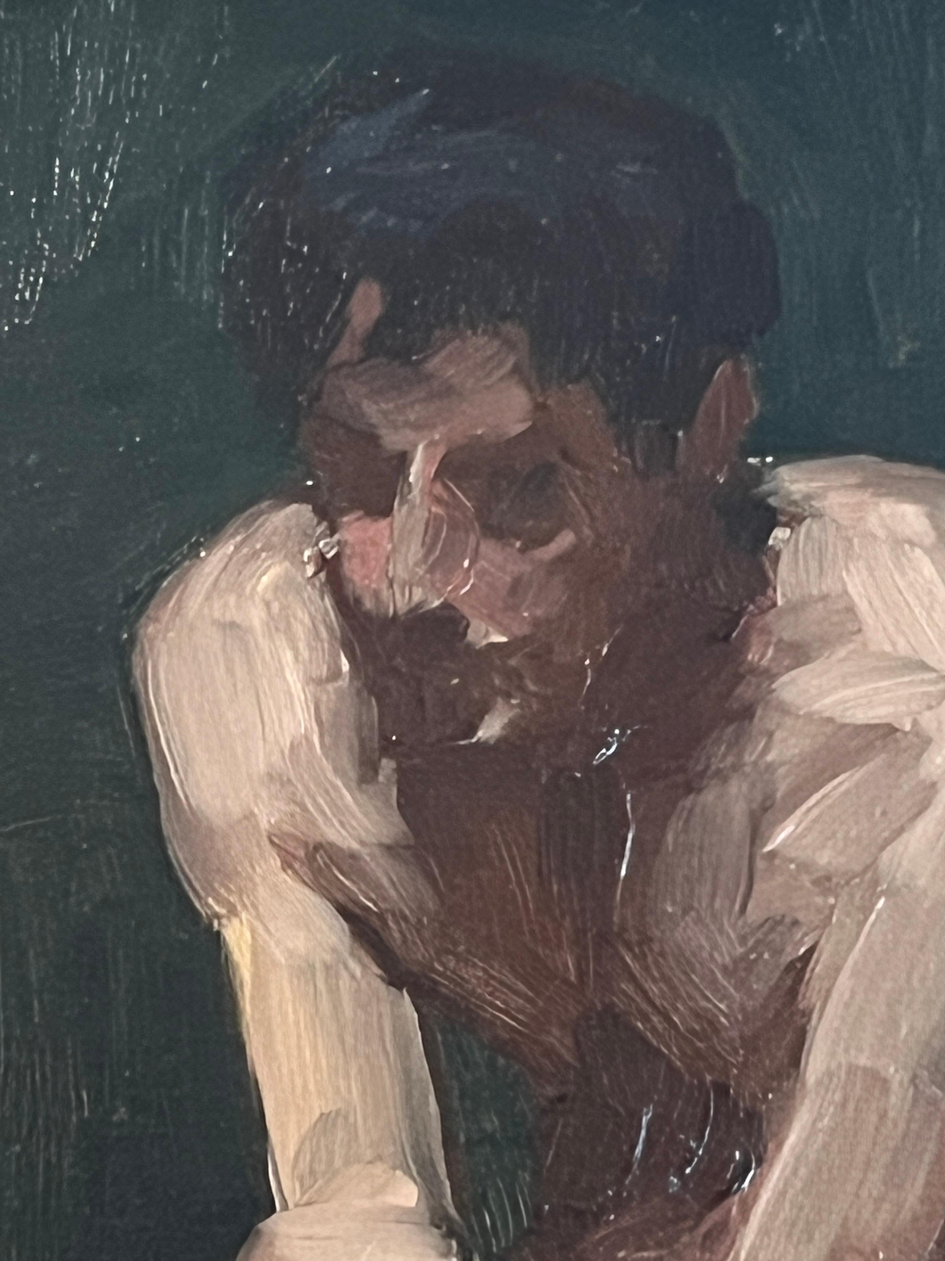 Solitude è un dipinto originale a olio su tavola dell'artista americano Timothy McGuire. In questa meravigliosa opera figurativa-astratta, un uomo è seduto, immerso nei suoi pensieri. Ricordando nella posa la scultura di Rodin, Il pensatore, McGuire