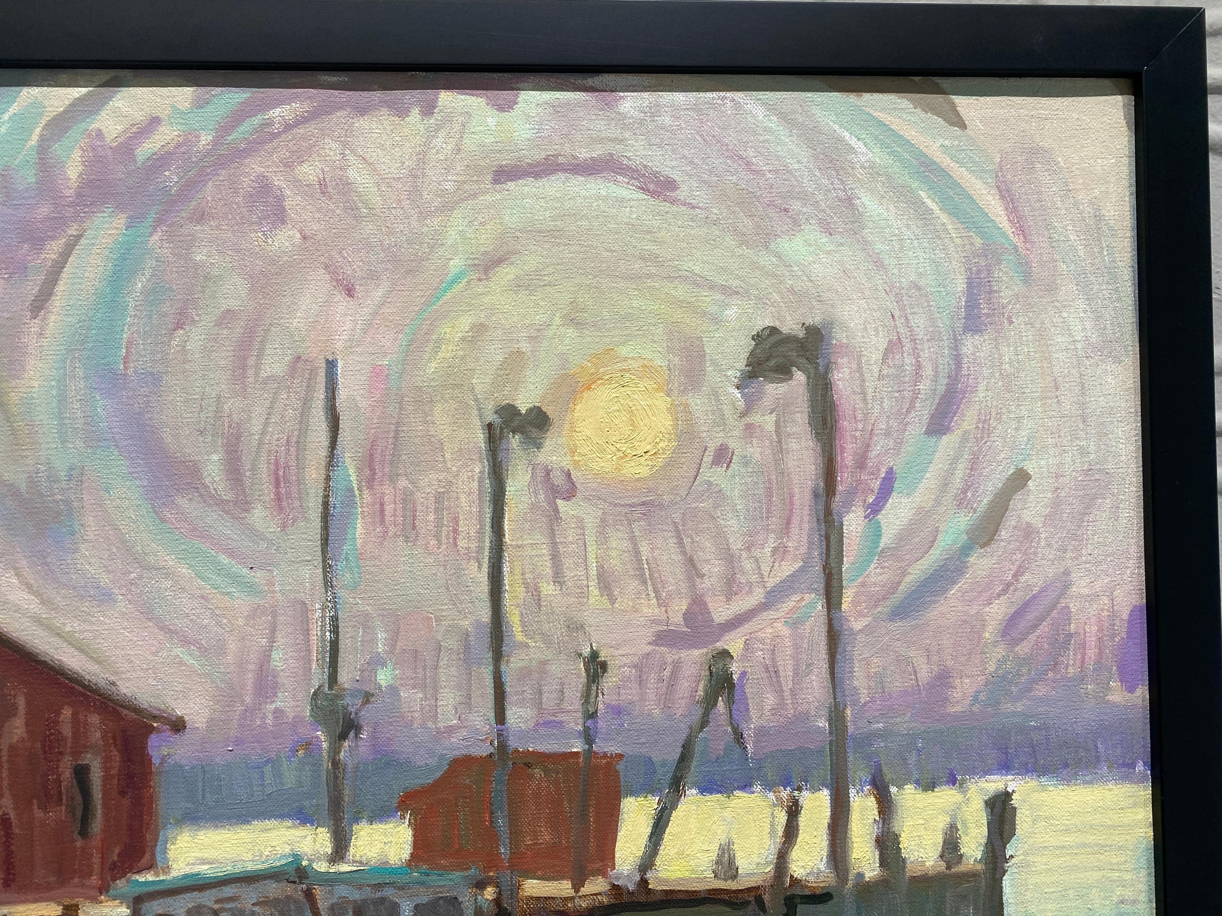 An oil painting of a seaside village at night. Light ripples out from the moon, in circular brushstrokes of violet, blue, and yellow. A red fishing boat rests alongside a dock adorned with a grouping of shacks or dories. The water reflects the