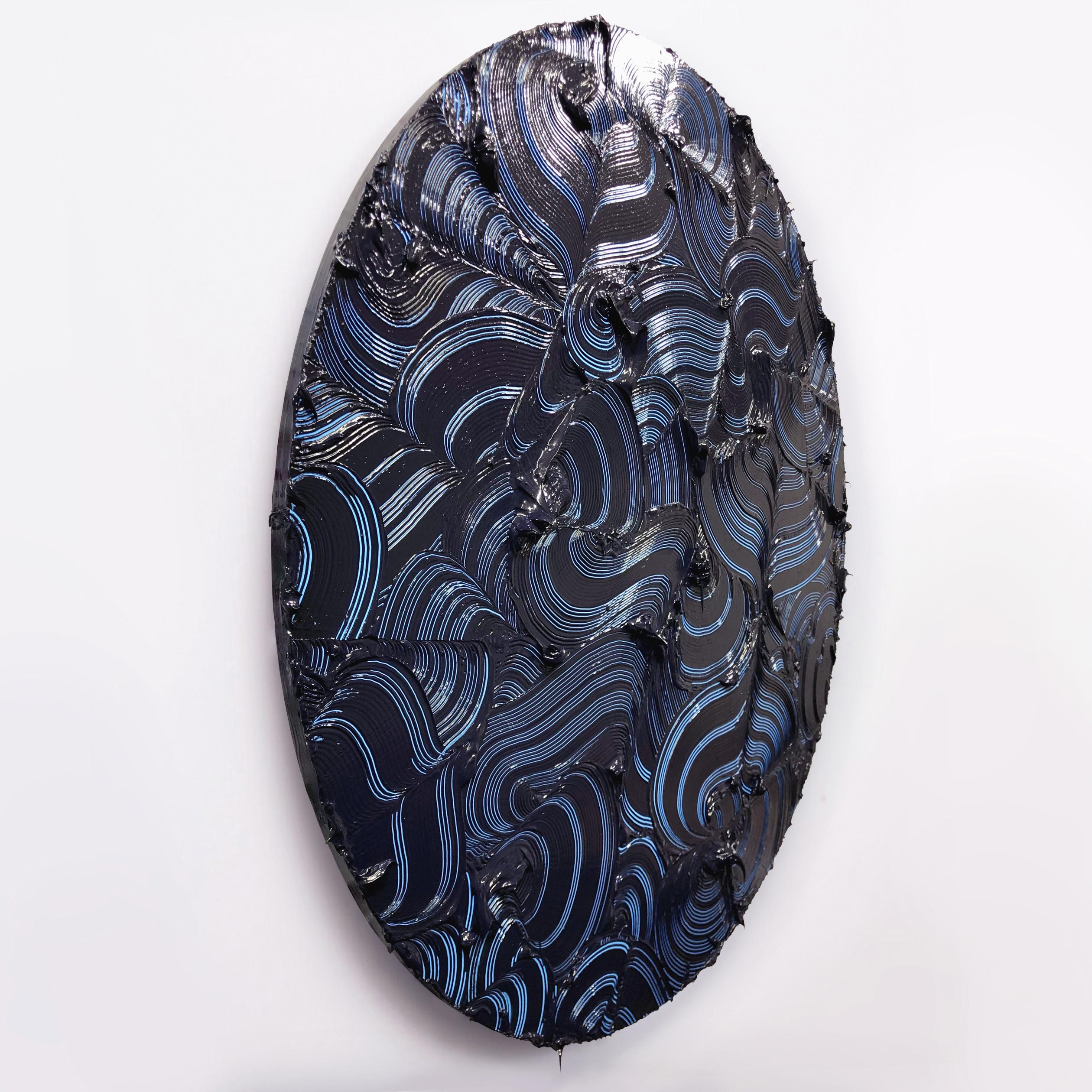Bruhel Point - Textured contemporary painting, colorful blue, round format - Sculpture by Tim Nikiforuk