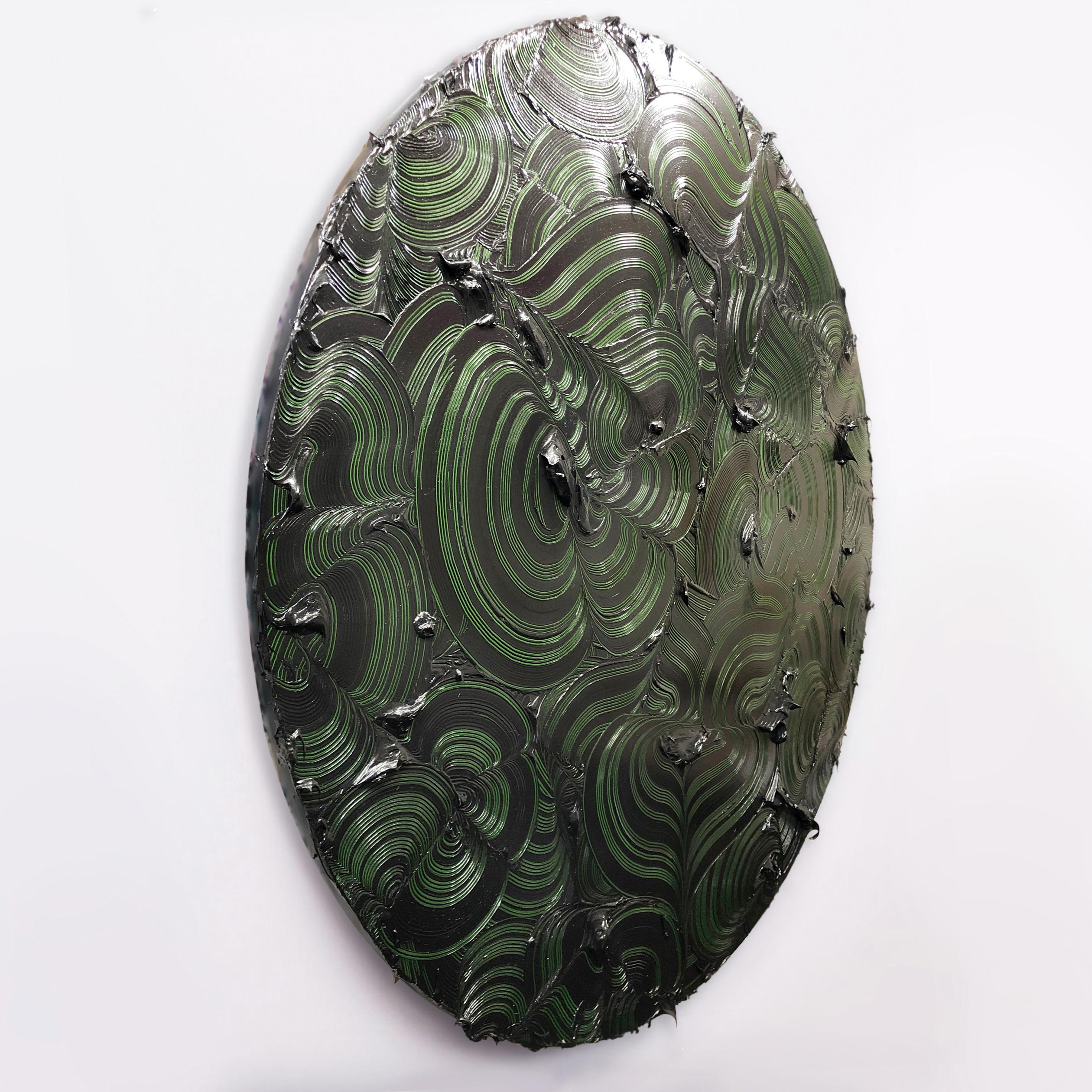 El Sereno - Green textured contemporary painting, colorful strokes, round format - Sculpture by Tim Nikiforuk