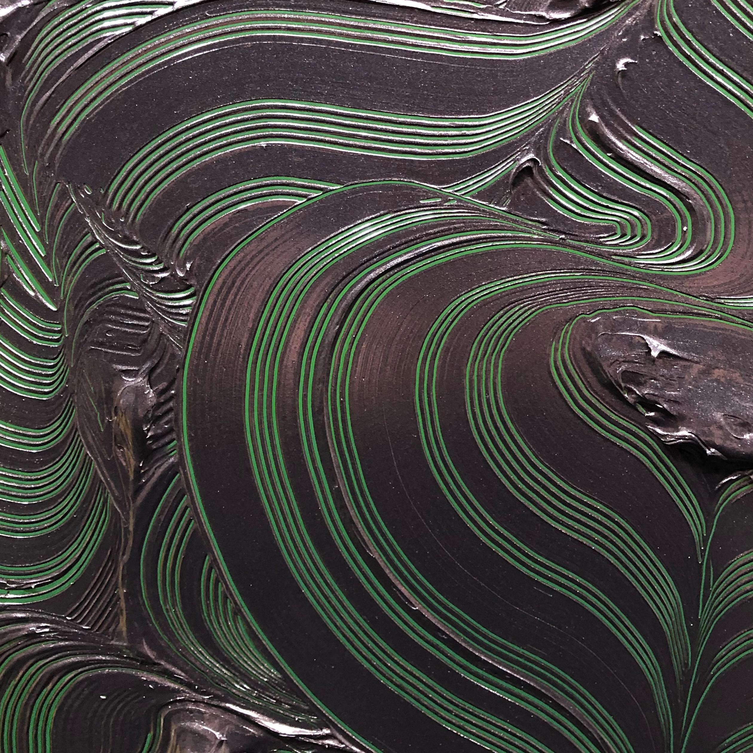 El Sereno - Green textured contemporary painting, colorful strokes, round format - Abstract Sculpture by Tim Nikiforuk