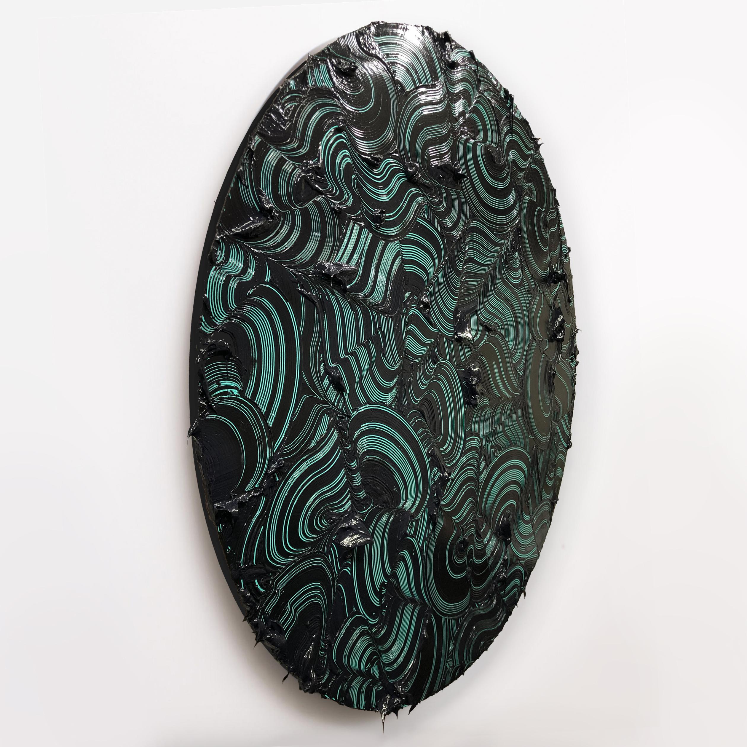 Purisima Point  - textured contemporary painting, colorful strokes, round format - Painting by Tim Nikiforuk