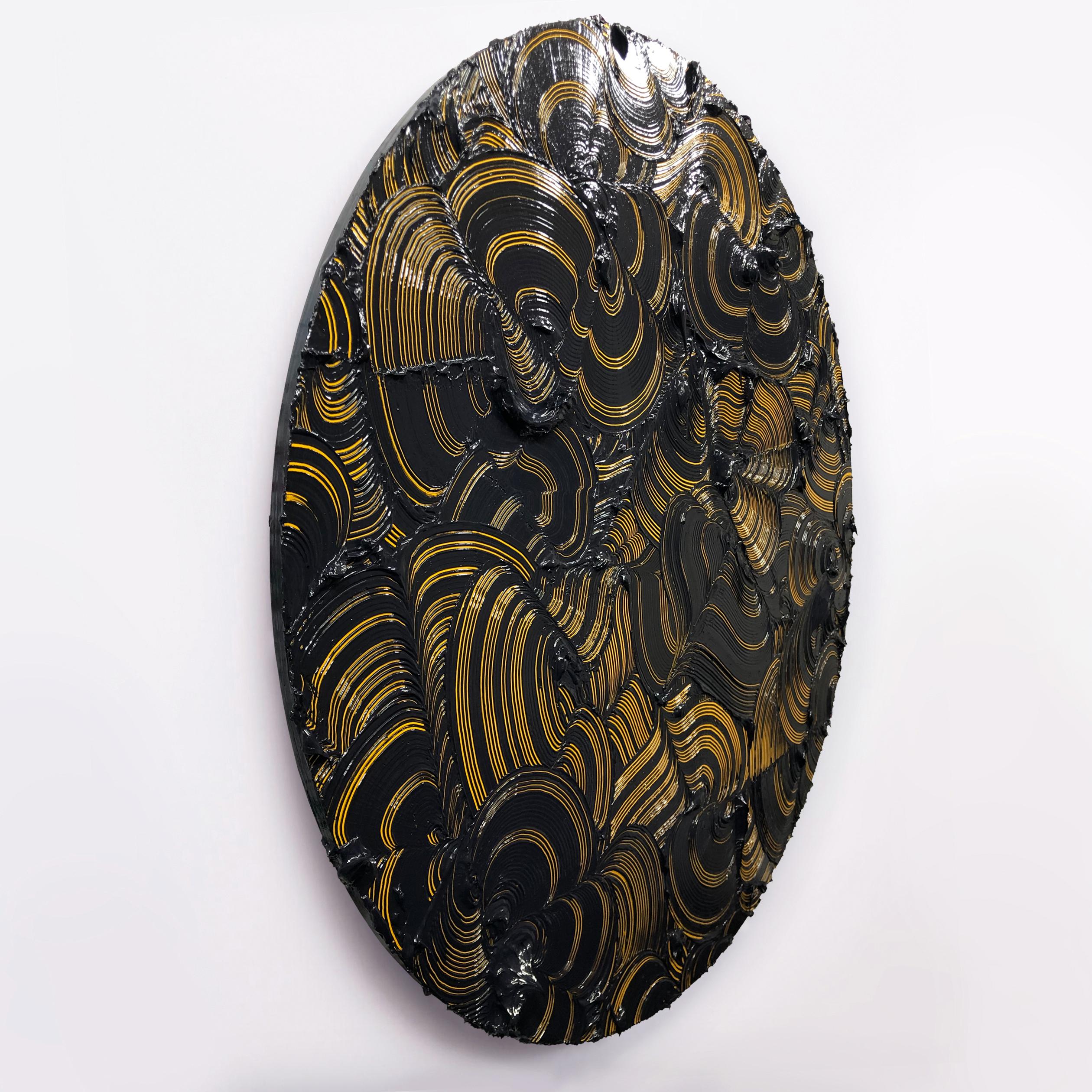 Shoshone - Yellow textured contemporary painting, colorful strokes, round format - Sculpture by Tim Nikiforuk