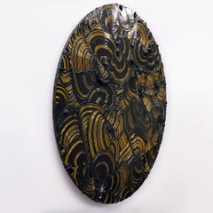 Schoschone - Gelbes strukturiertes zeitgenössisches Gemälde, bunte Striche, rundes Format