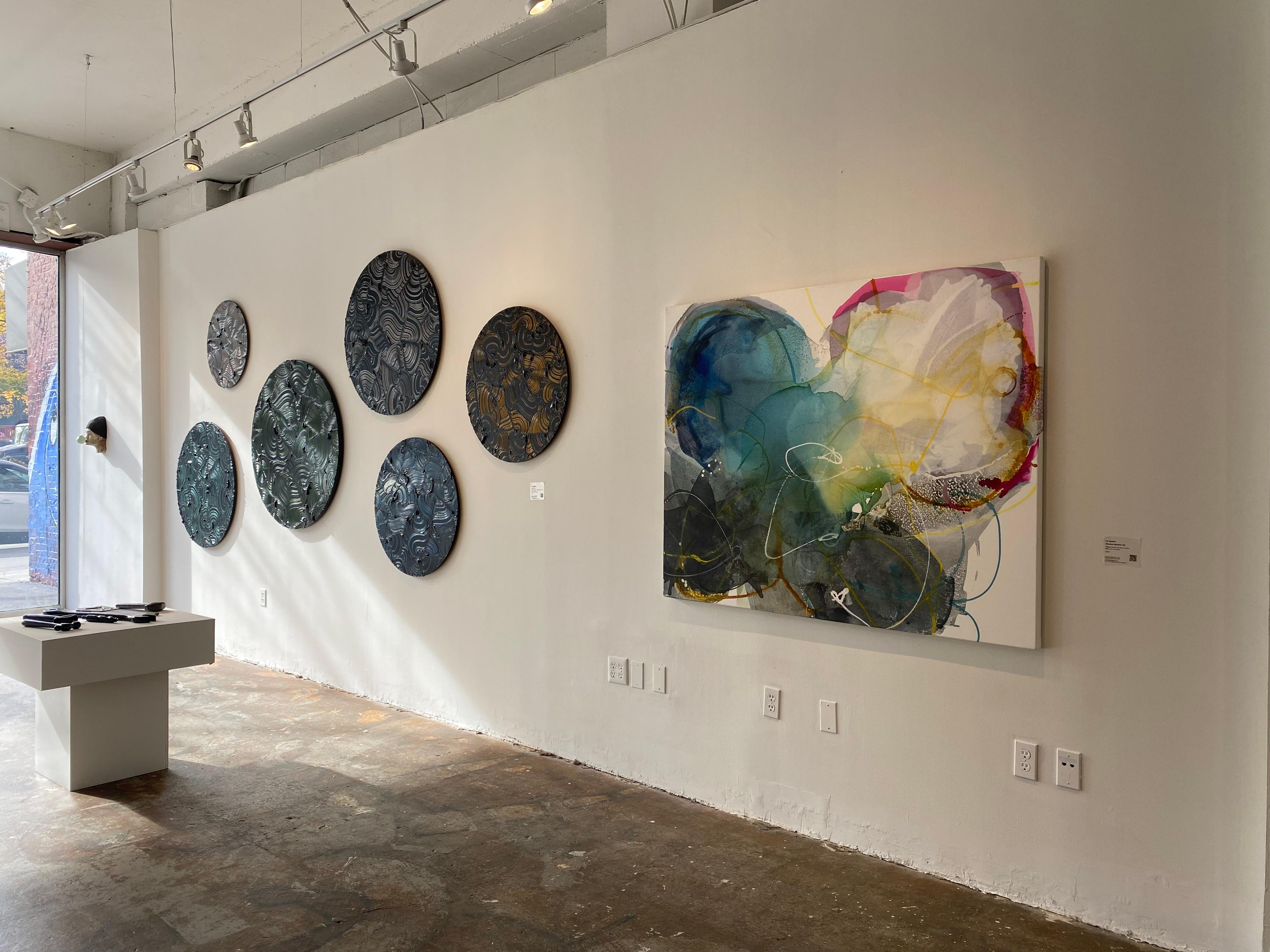 Soda Springs - Textured contemporary painting, colorful strokes, round format - Abstract Sculpture by Tim Nikiforuk