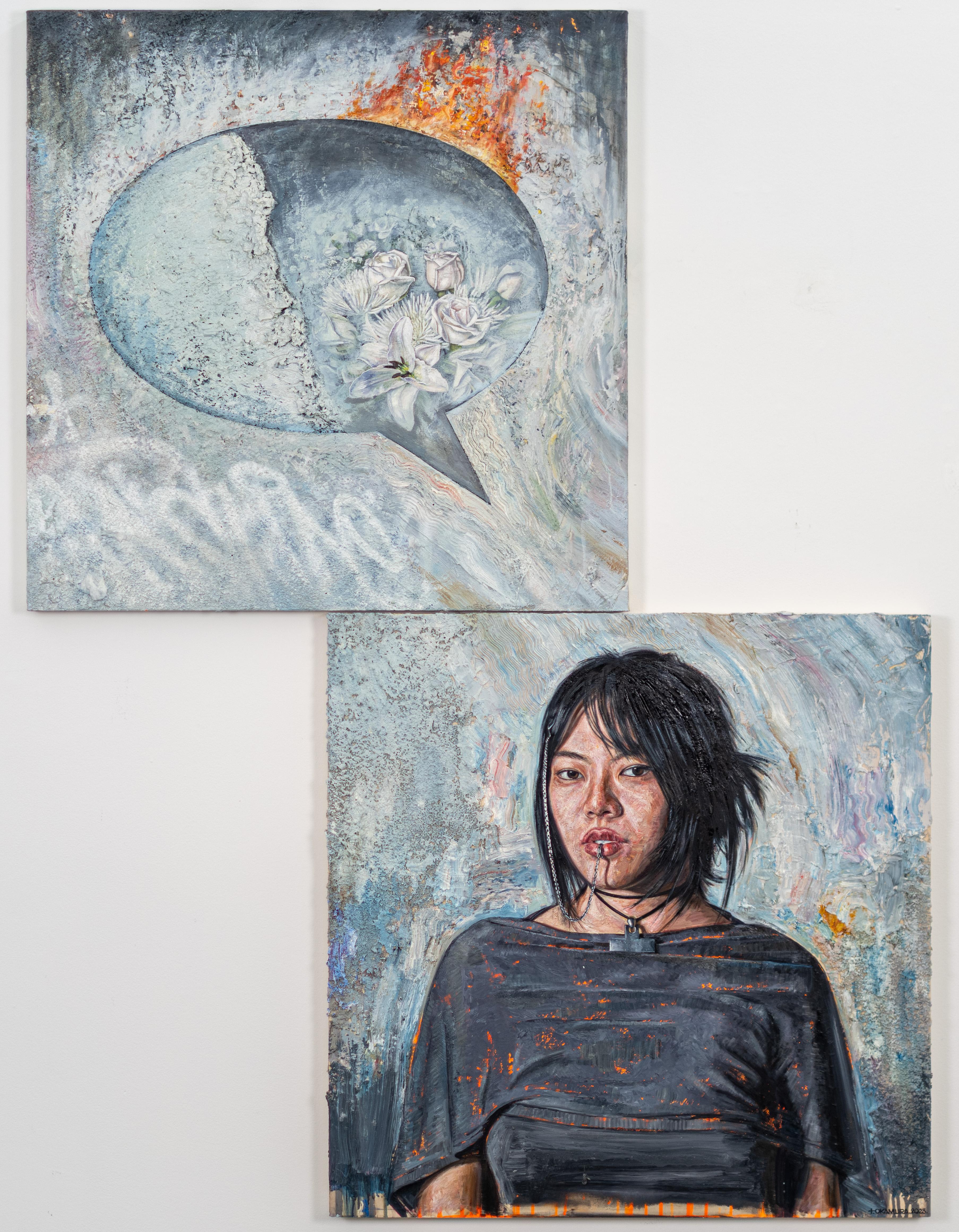 (Free) Speech Balloon No.2 - Contemporary Oil Portrait on Panel - Painting by Tim Okamura