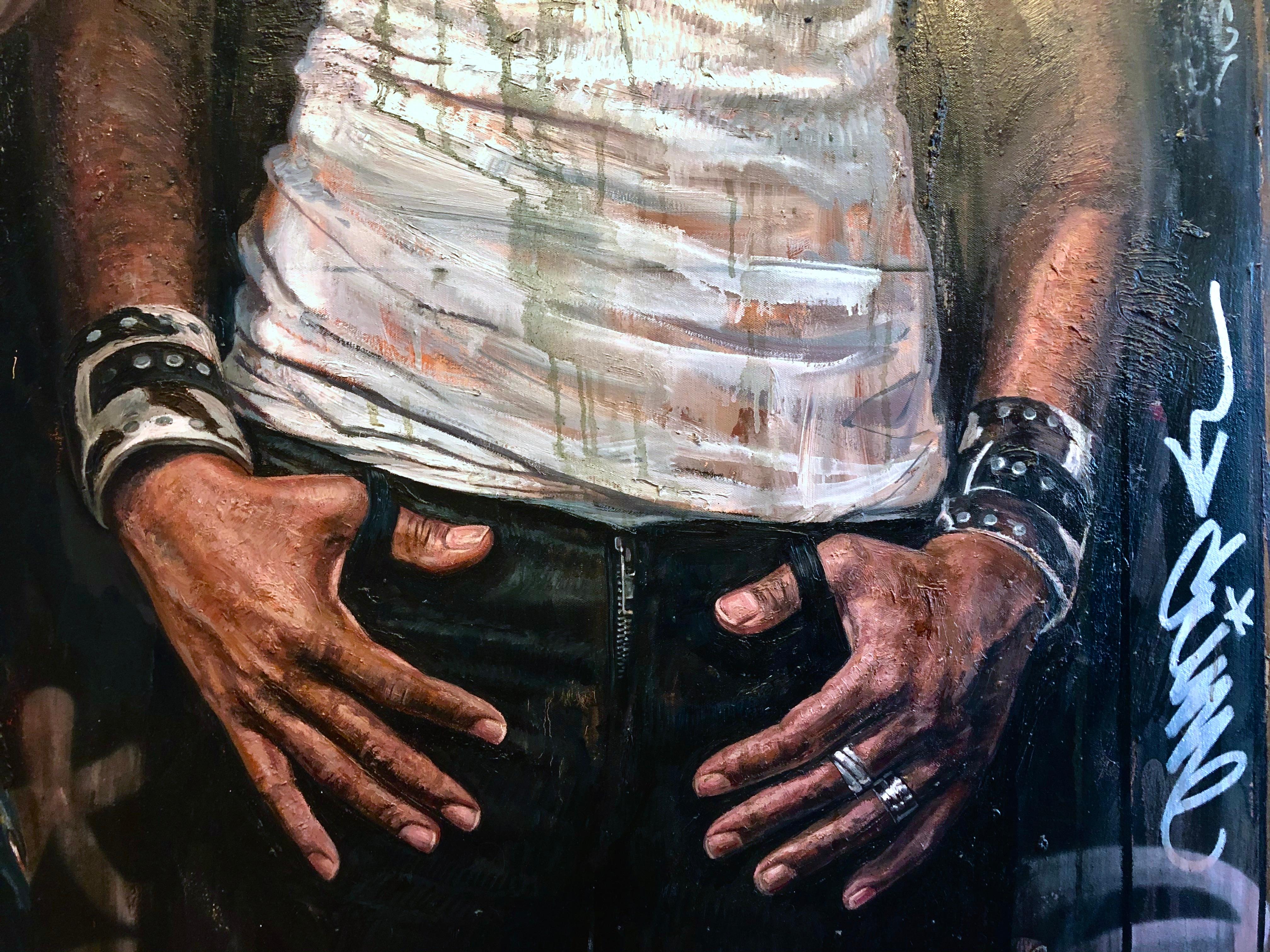 Wunderschönes, großformatiges zeitgenössisches figuratives Gemälde zweier afroamerikanischer Frauen. Öl und Mischtechnik auf Leinwand. Größe: 76 × 60 Zoll  193 × 152.4 cm

Durch eine Art der Porträtmalerei, die die Tradition anerkennt, aber auch