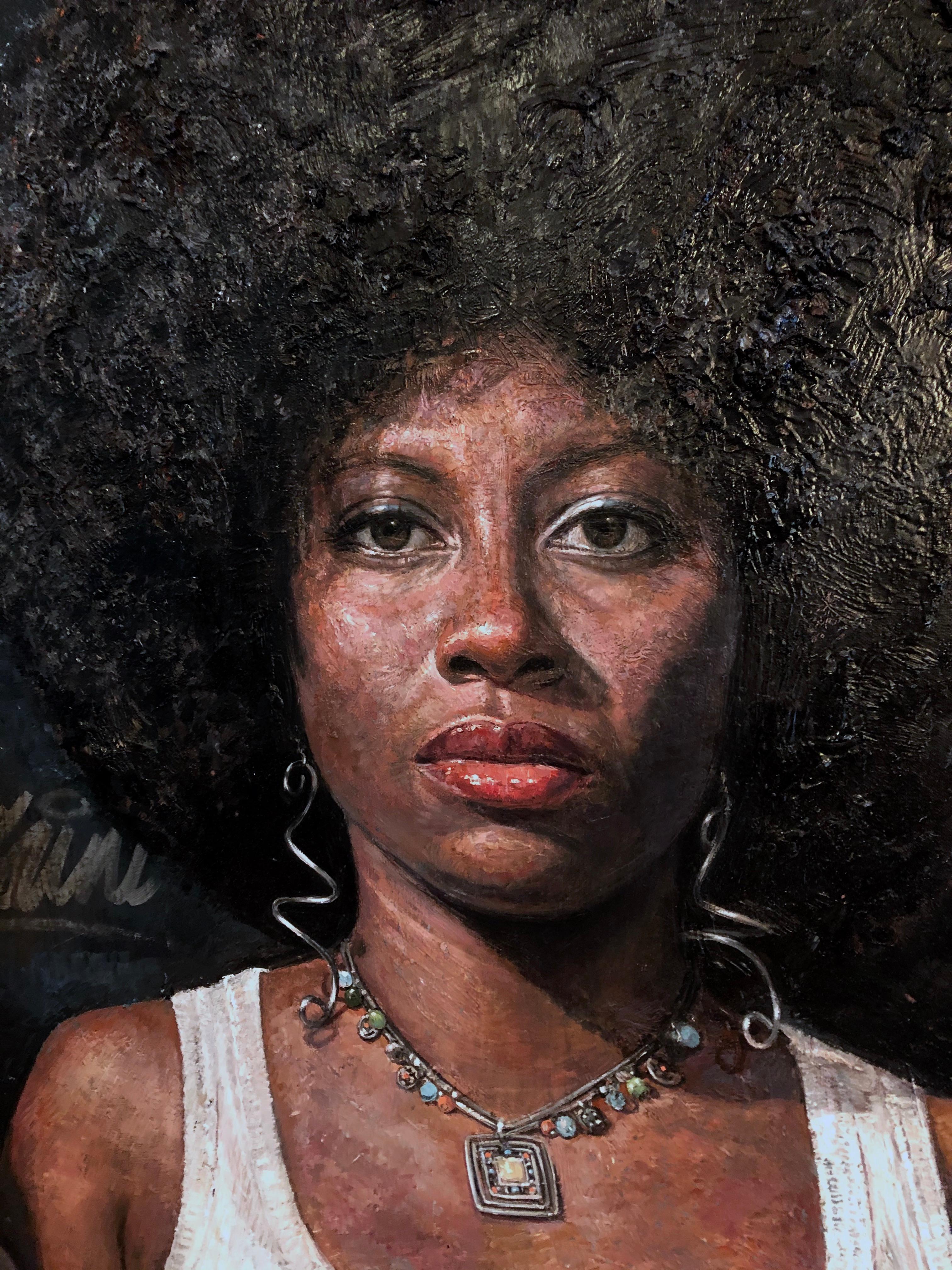 Wunderschönes, großformatiges zeitgenössisches figuratives Gemälde zweier afroamerikanischer Frauen. Öl und Mischtechnik auf Leinwand. Größe: 76 × 60 Zoll  193 × 152.4 cm

Durch eine Art der Porträtmalerei, die die Tradition anerkennt, aber auch
