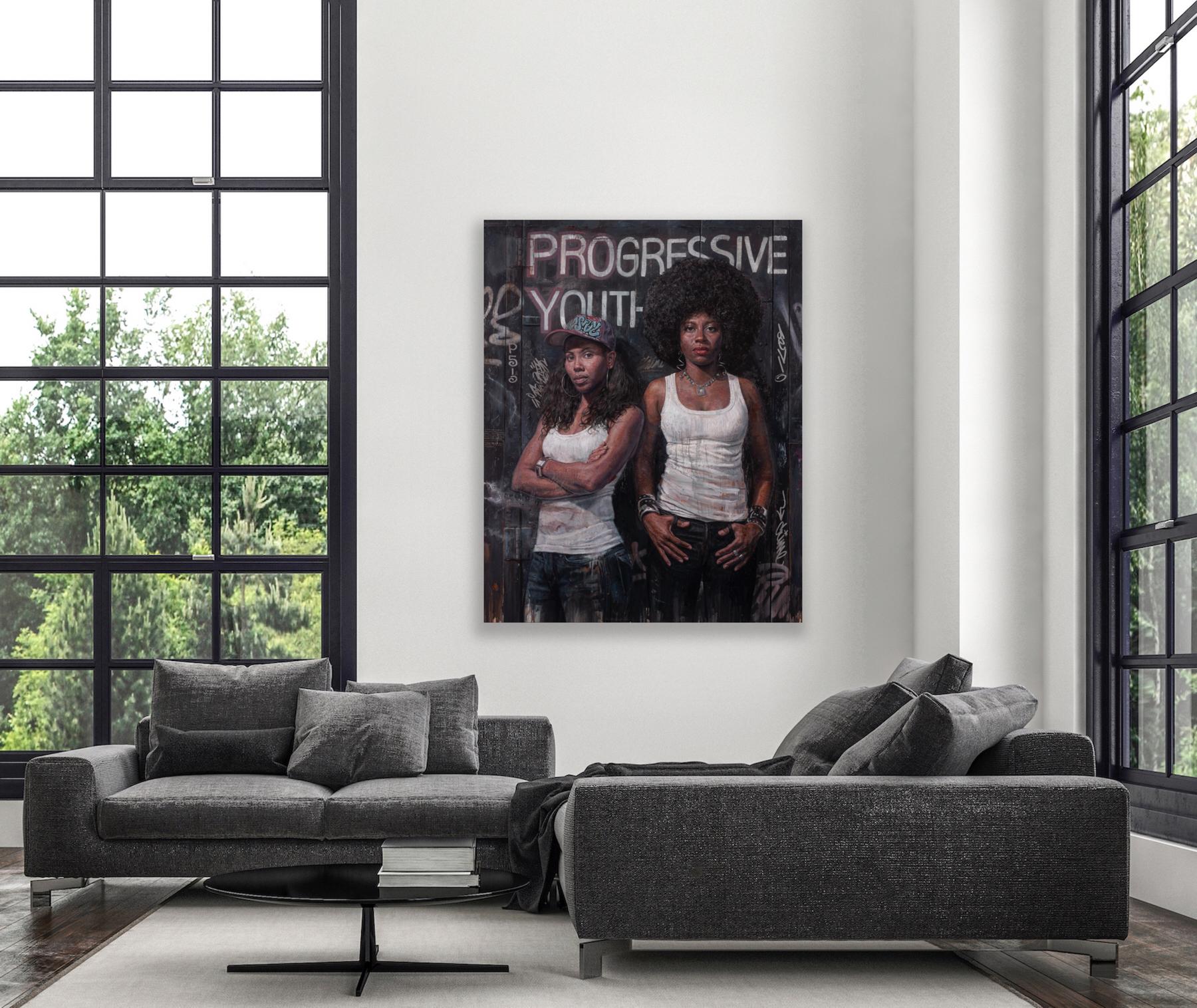 Beautifully rendered large-scale contemporary figurative painting of two African American women. Oil and mixed media on canvas. Size: 76 × 60 in  193 × 152.4 cm

Through a mode of portrait painting that acknowledges tradition but also tries to