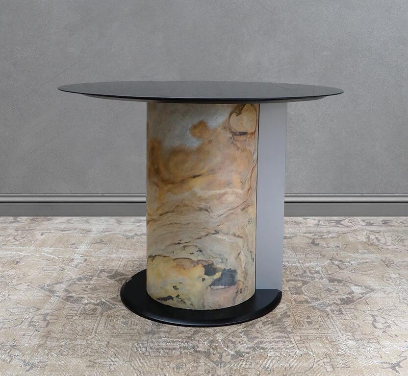 Modern Tim Round Black Glass & Refined Marble Dining Table For Sale