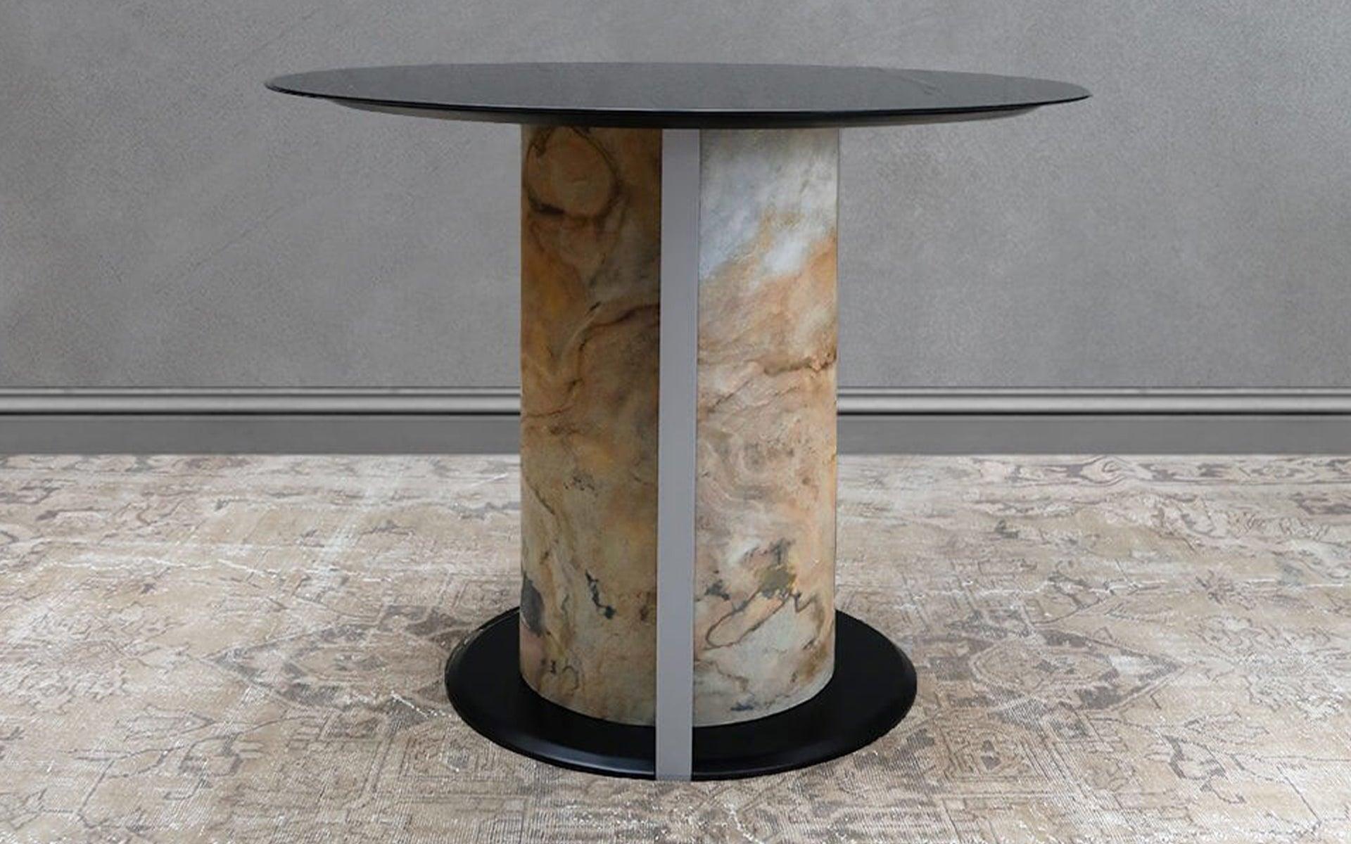 Woodwork Tim Round Black Glass & Refined Marble Dining Table For Sale