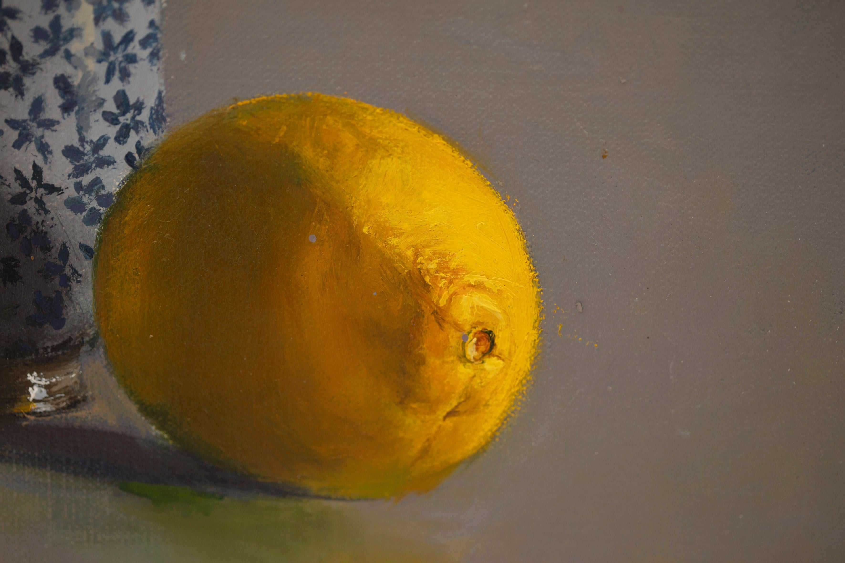 Japanese cup with lemon, original still life oil painting by Tim Snowdon For Sale 1