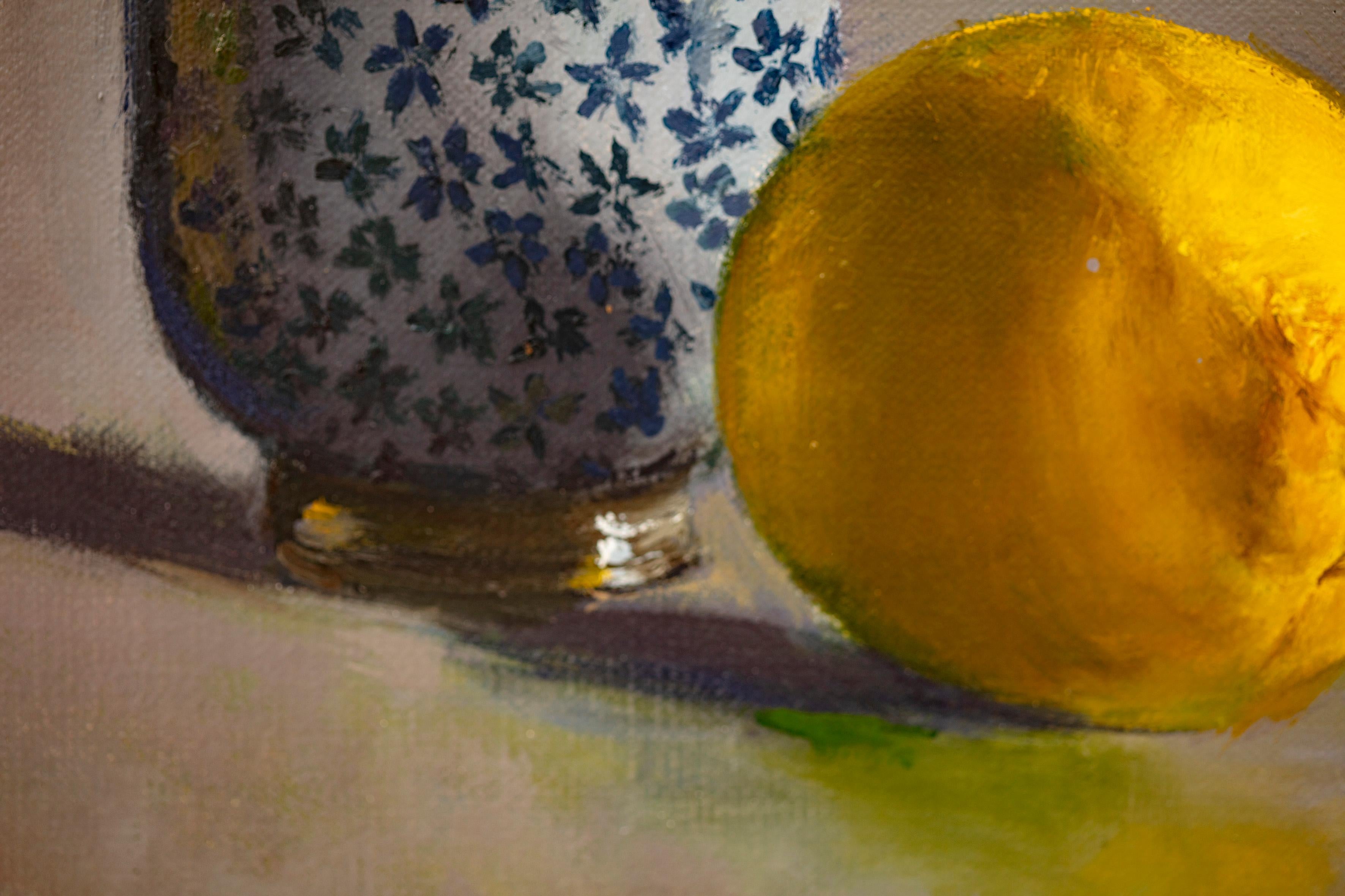 Japanese cup with lemon, original still life oil painting by Tim Snowdon For Sale 2