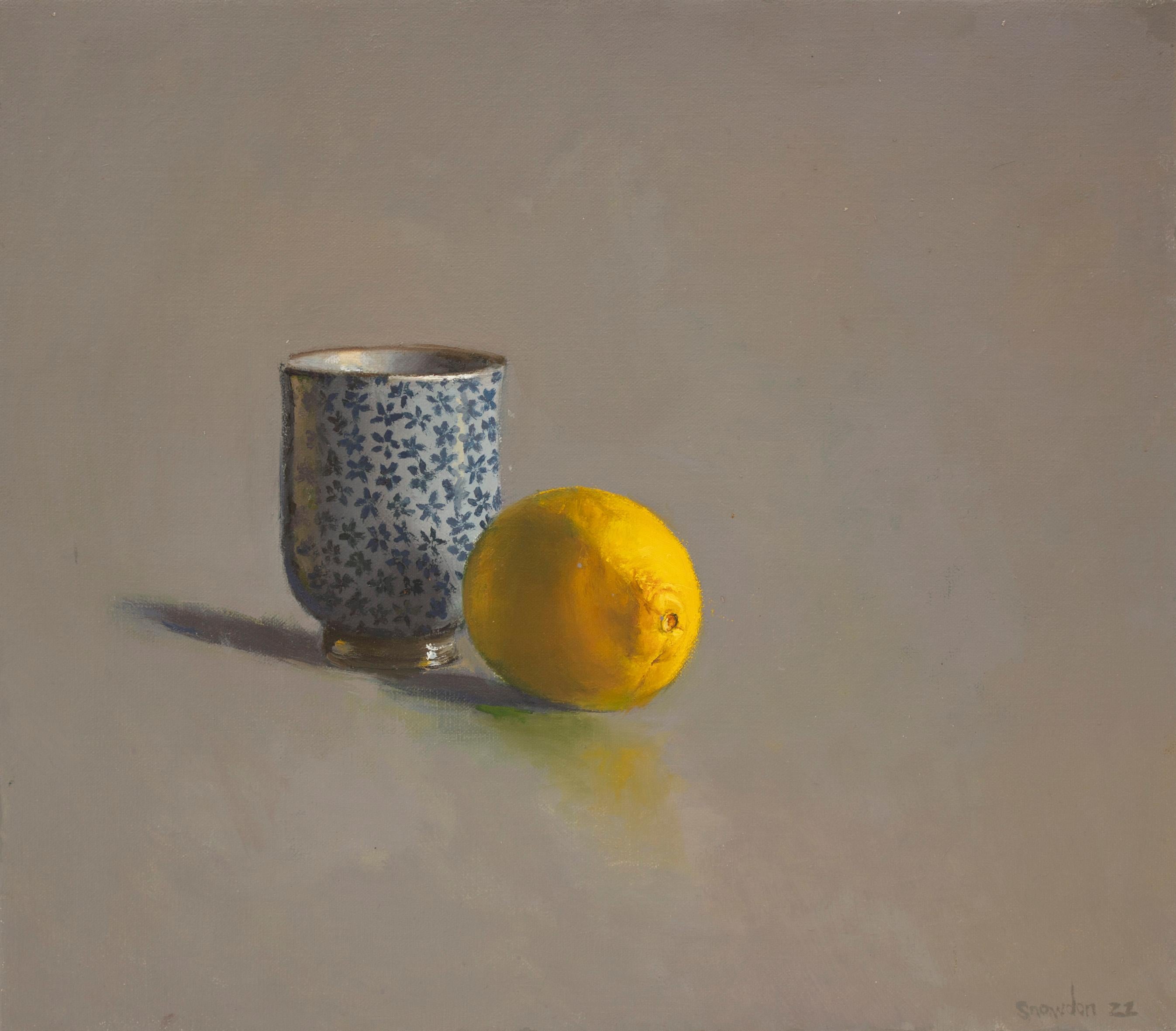 Original artwork by Tim Snowdon
Japanese cup with lemon, oil on linen, 35cm x 41cm, 2022

A part of Snowdon's exhibition ‘Conversations’, this piece references the way inanimate objects ‘speak to’ each other within still life compositions and can