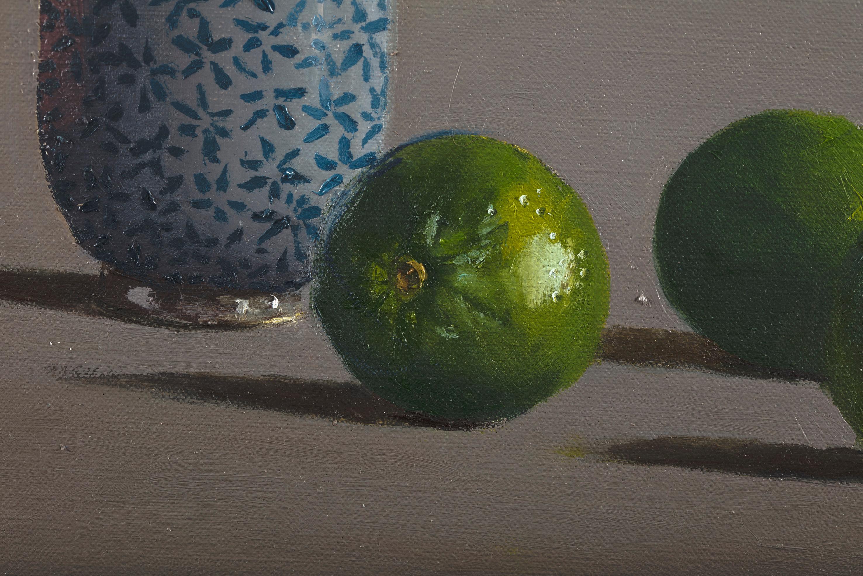 Japanese cup with limes, still life painting by Tim Snowdon For Sale 1