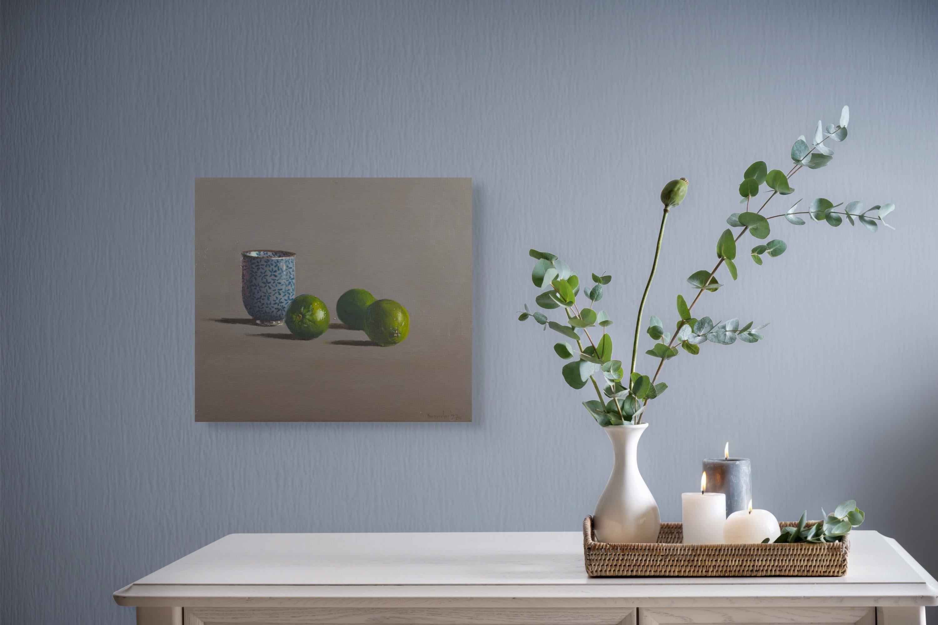 Japanese cup with limes, still life painting by Tim Snowdon For Sale 5