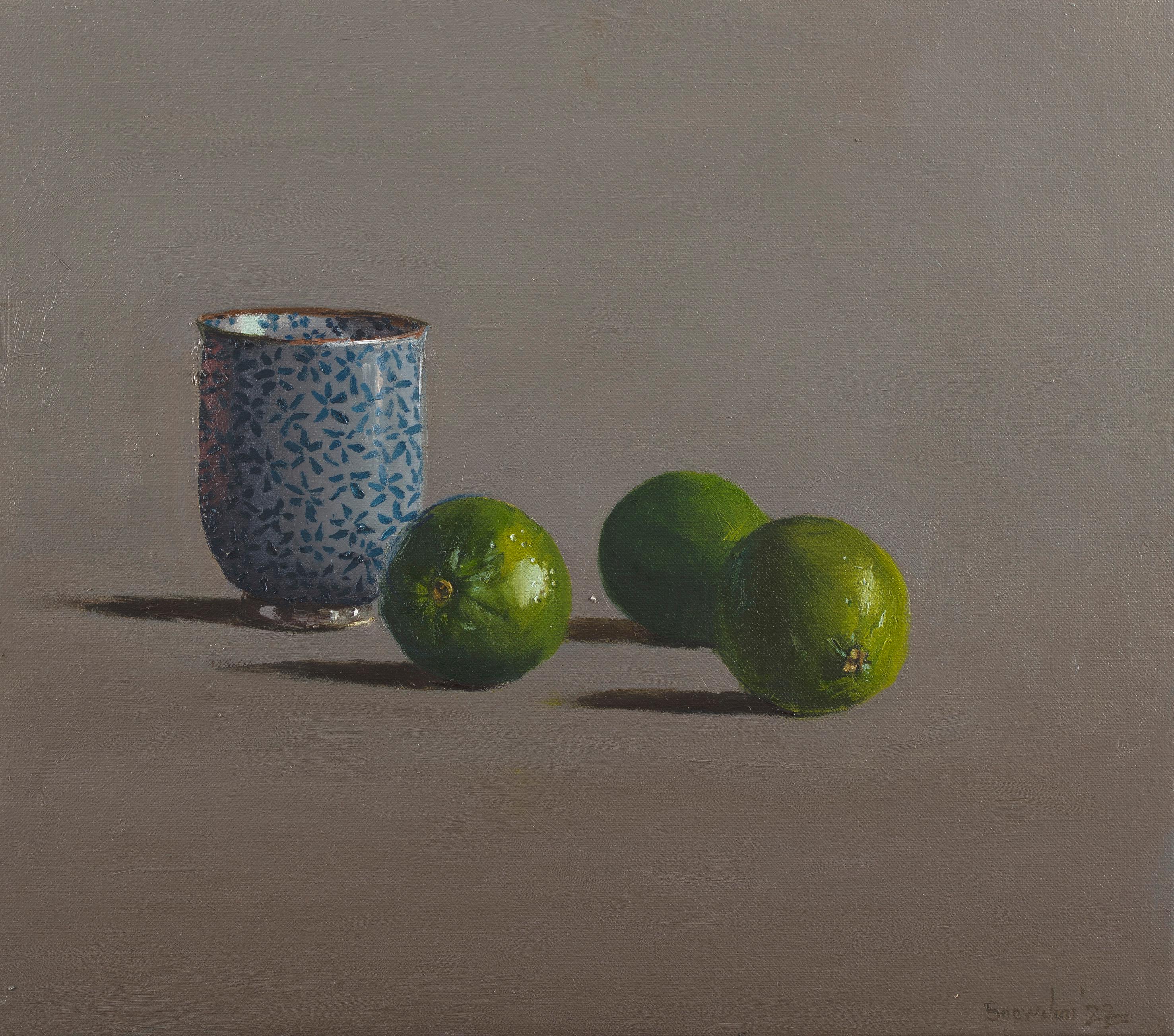 Œuvre originale sur lin de l'artiste peintre australien Tim Snowdon. La tasse japonaise avec des citrons verts est l'une des trois peintures originales représentant la même tasse japonaise. Les autres tableaux sont la coupe japonaise au citron et la