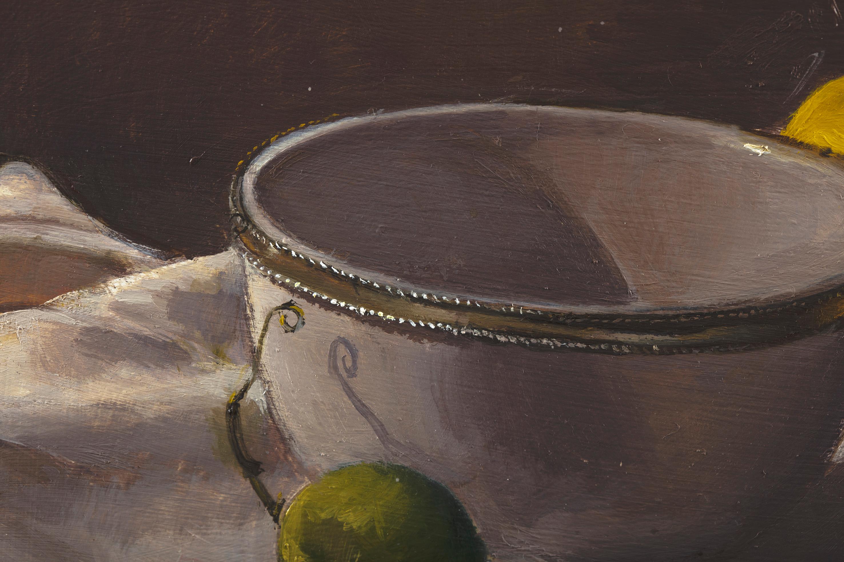 Lemons with bowl & lime, classic still life oil painting by Tim Snowdon For Sale 3