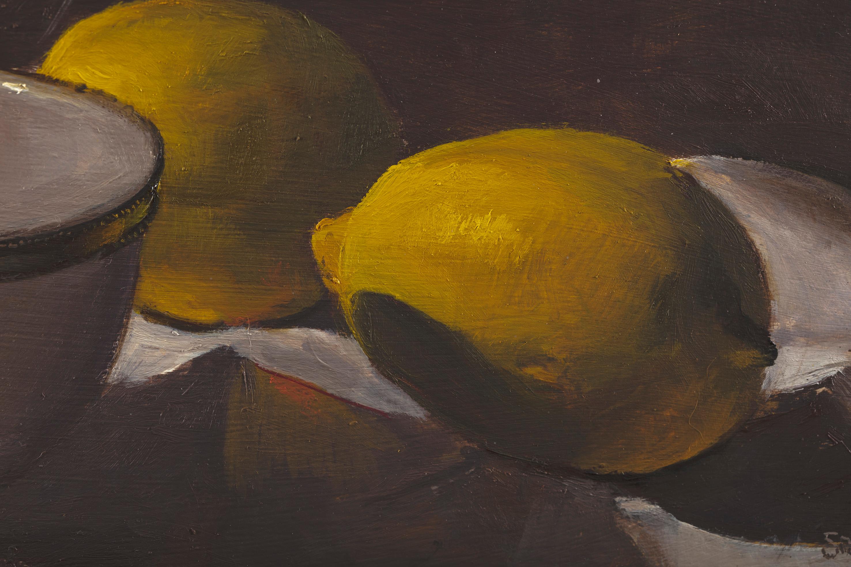 Lemons with bowl & lime, classic still life oil painting by Tim Snowdon For Sale 4