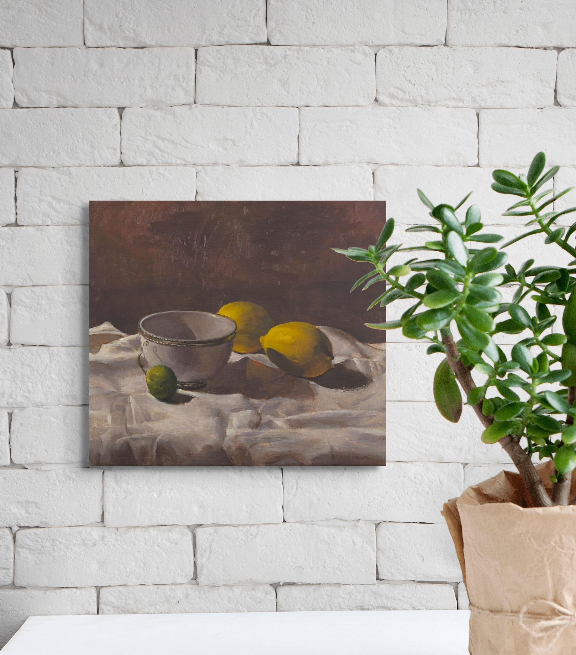 Lemons with bowl & lime, classic still life oil painting by Tim Snowdon For Sale 4