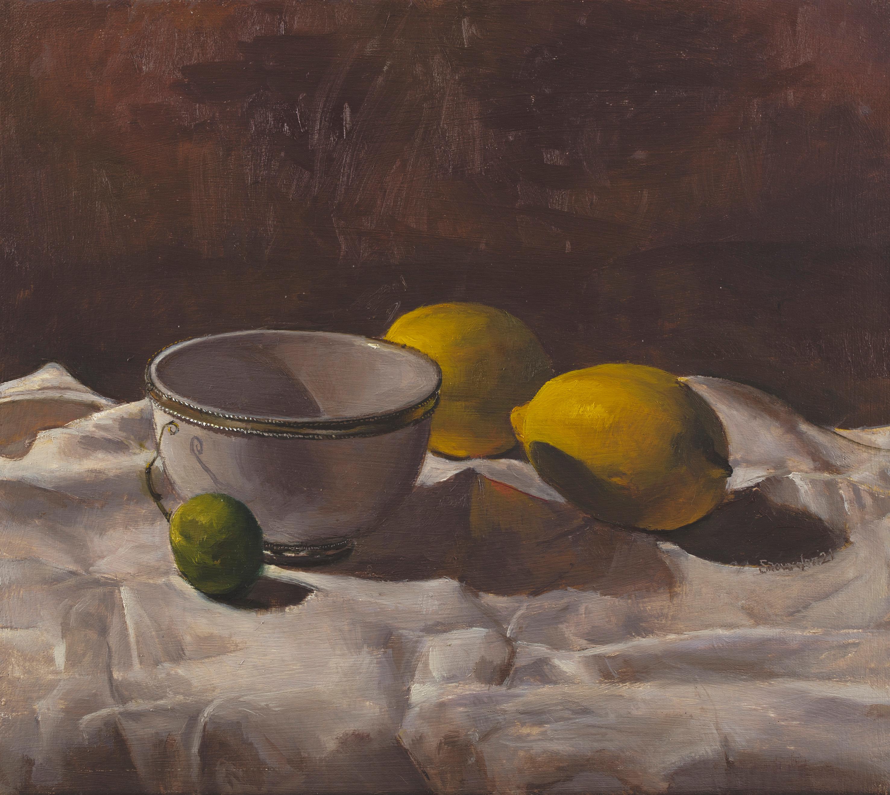 Citrons avec bol et citron vert, nature morte classique peinte à l'huile par Tim Snowdon