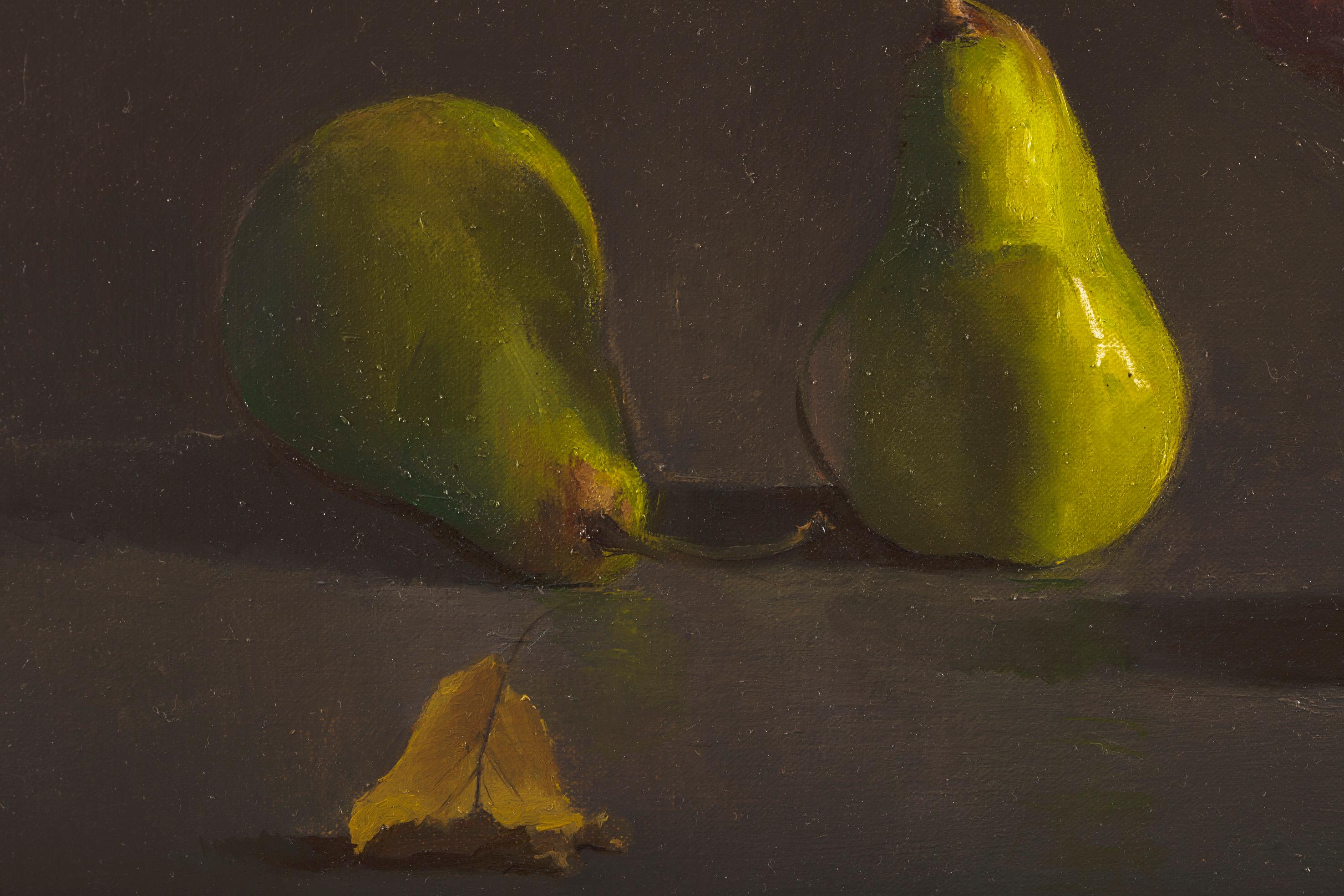 Paper bag with pears I, contemporary still life oil painting by Tim Snowdon For Sale 3