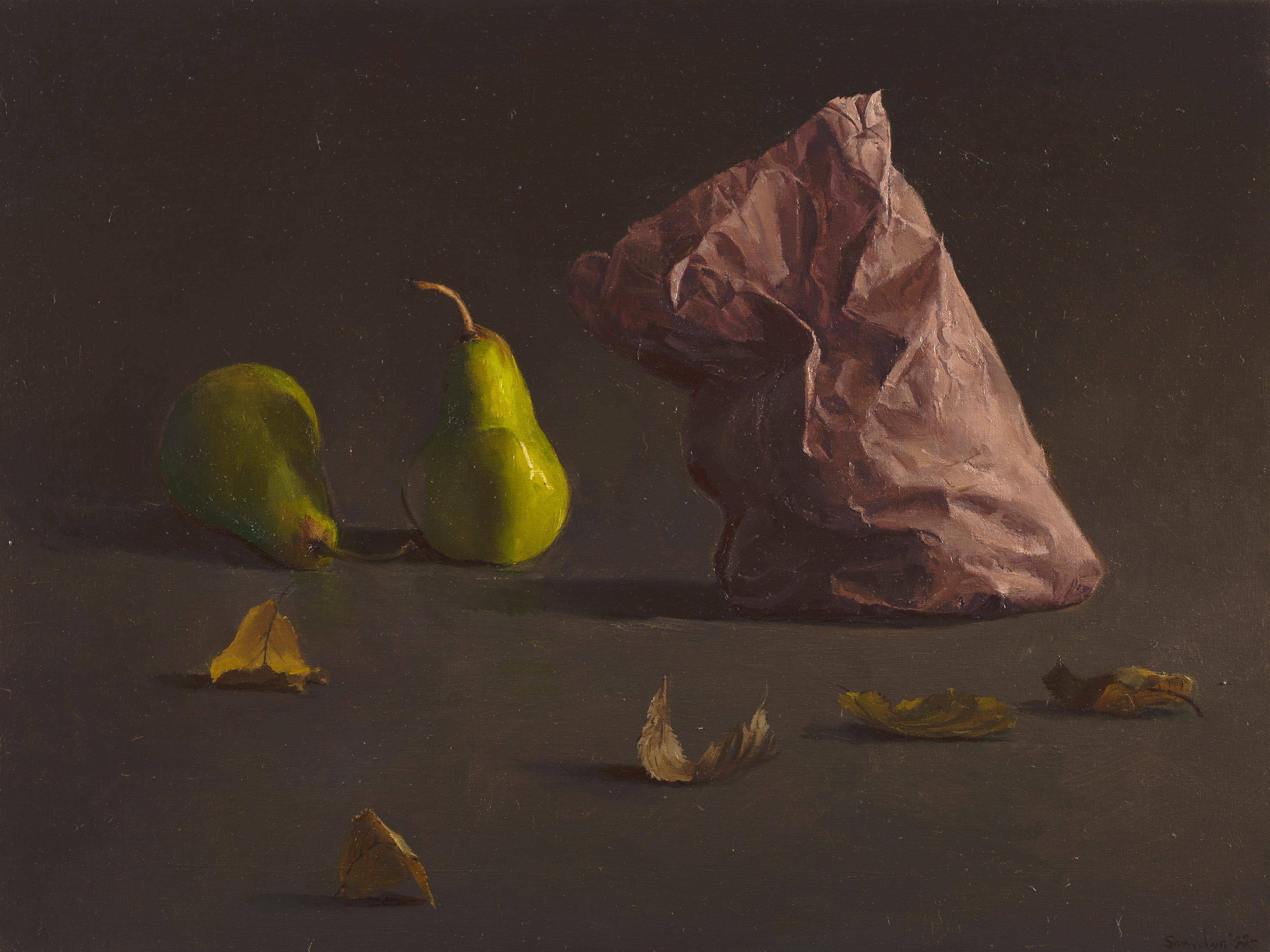 Paper bag with pears I, contemporary still life oil painting by Tim Snowdon