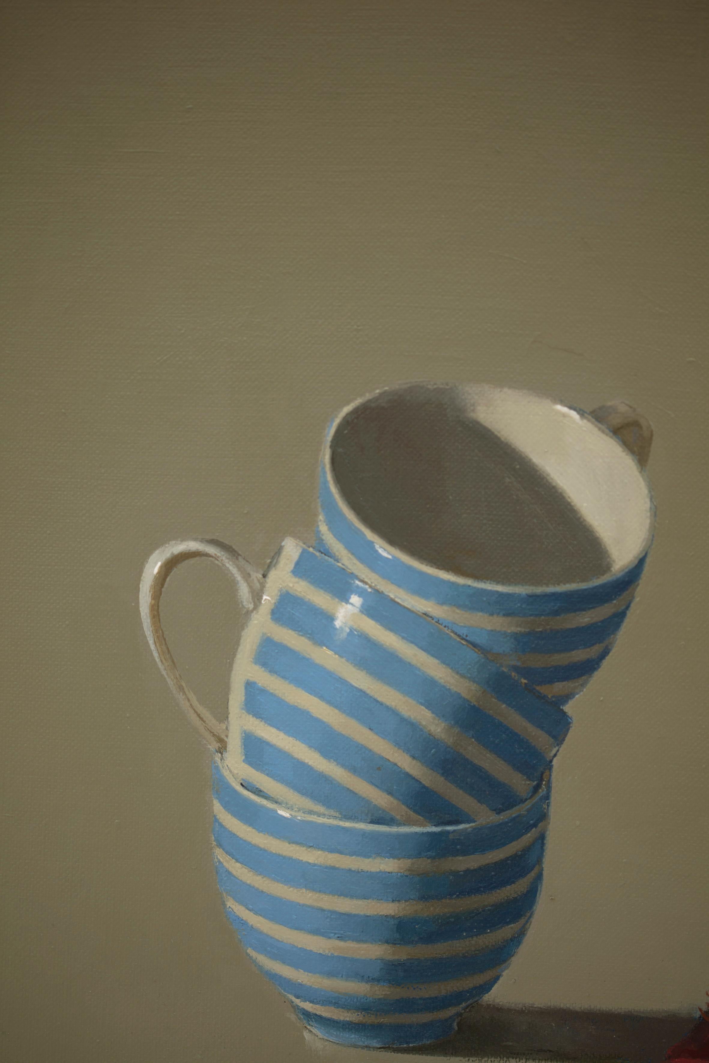 Striped cups with blossom, original still life oil painting by Tim Snowdon For Sale 1